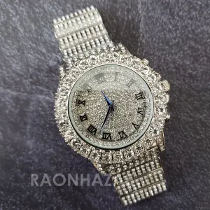 Silver Raonhazae Hip Hop Iced Lab Diamond OVIO DRAKE 14K White Gold Plated Watch with 12mm Cuban Link Bracelet Set