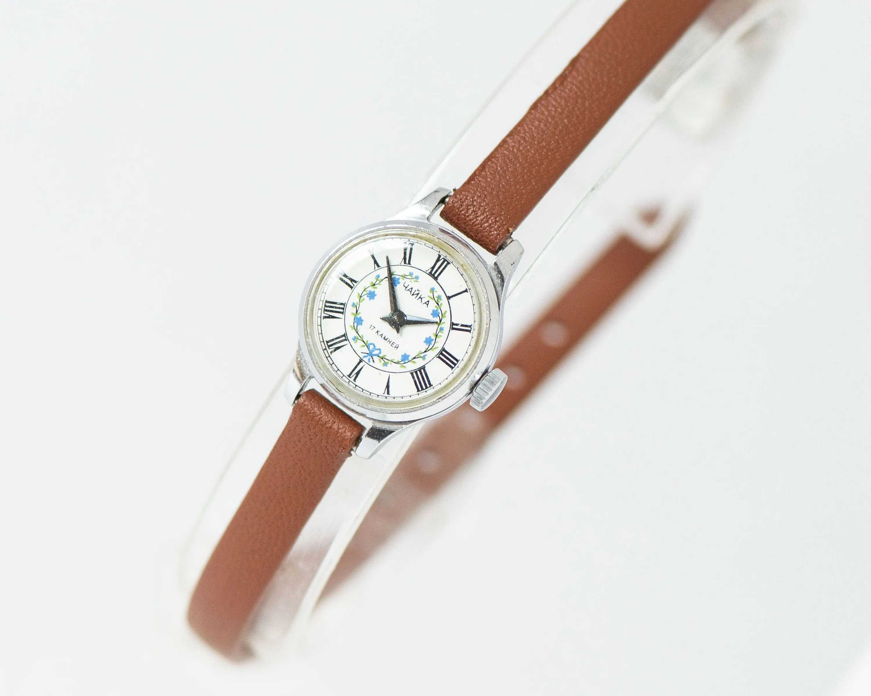 Small floral watch for women Seagull vintage, micro watch blue flowers, petite lady watch gift, classic tiny watch, new premium leather band