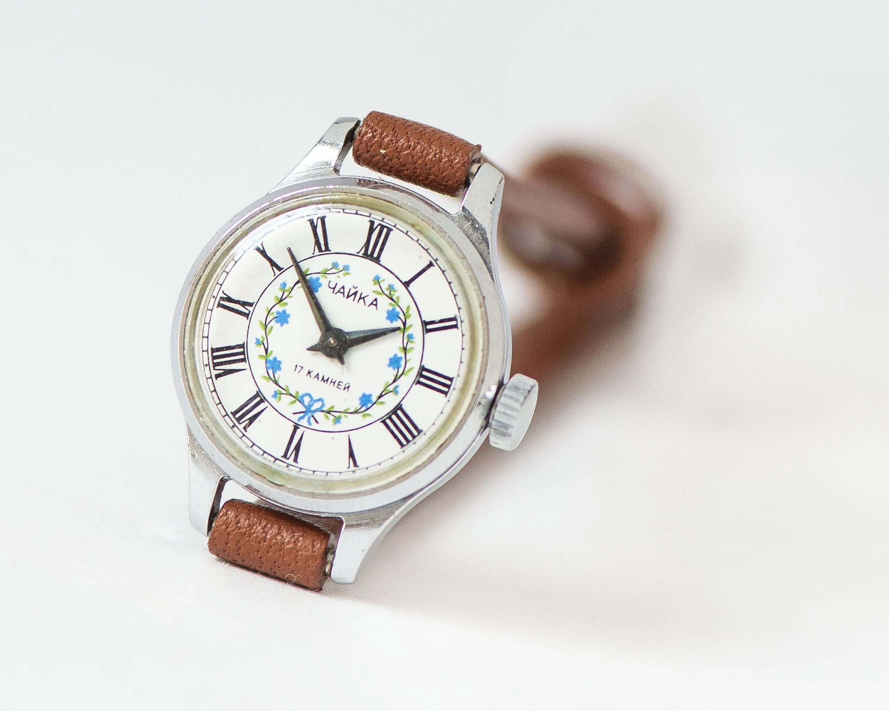 Small floral watch for women Seagull vintage, micro watch blue flowers, petite lady watch gift, classic tiny watch, new premium leather band