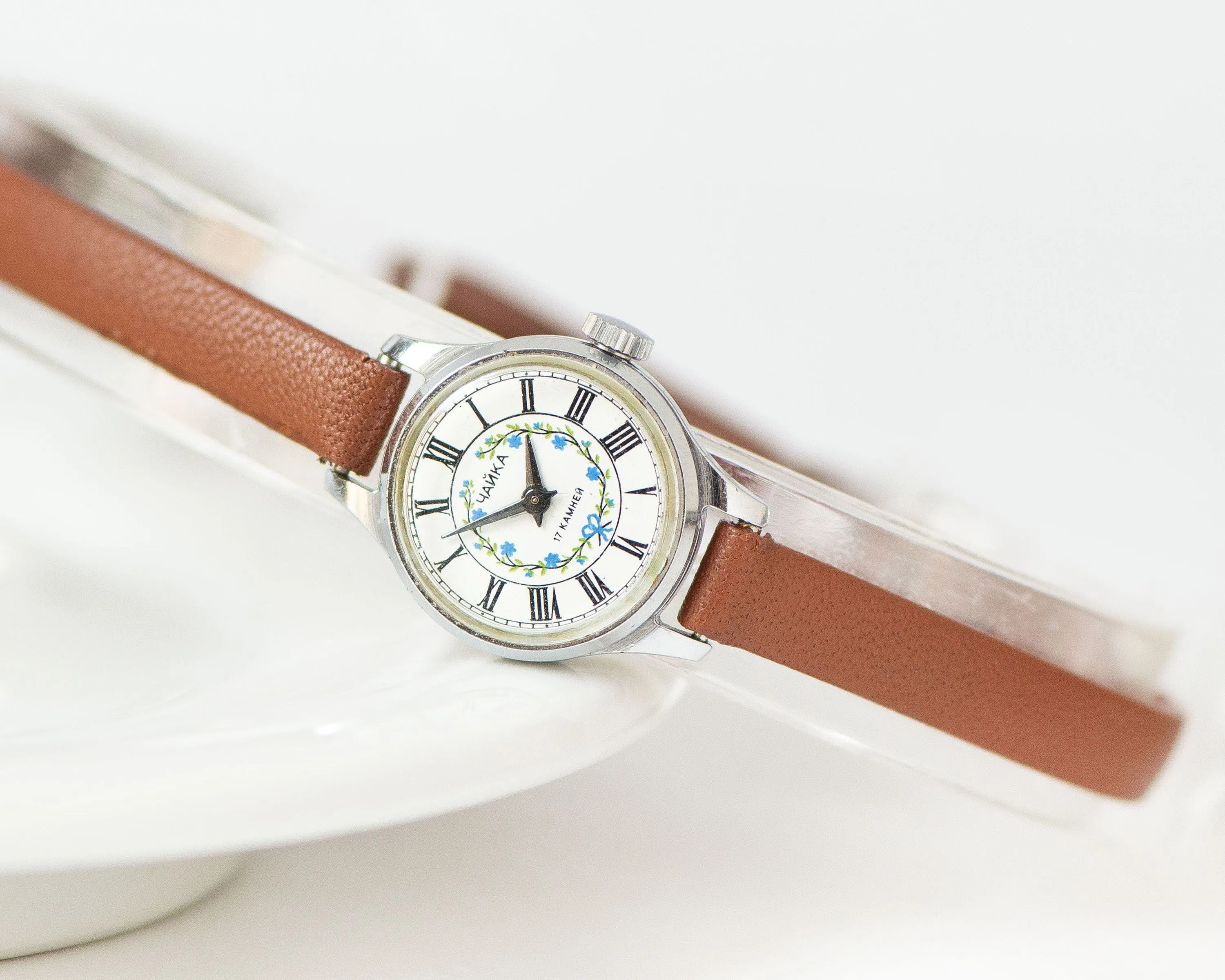 Small floral watch for women Seagull vintage, micro watch blue flowers, petite lady watch gift, classic tiny watch, new premium leather band
