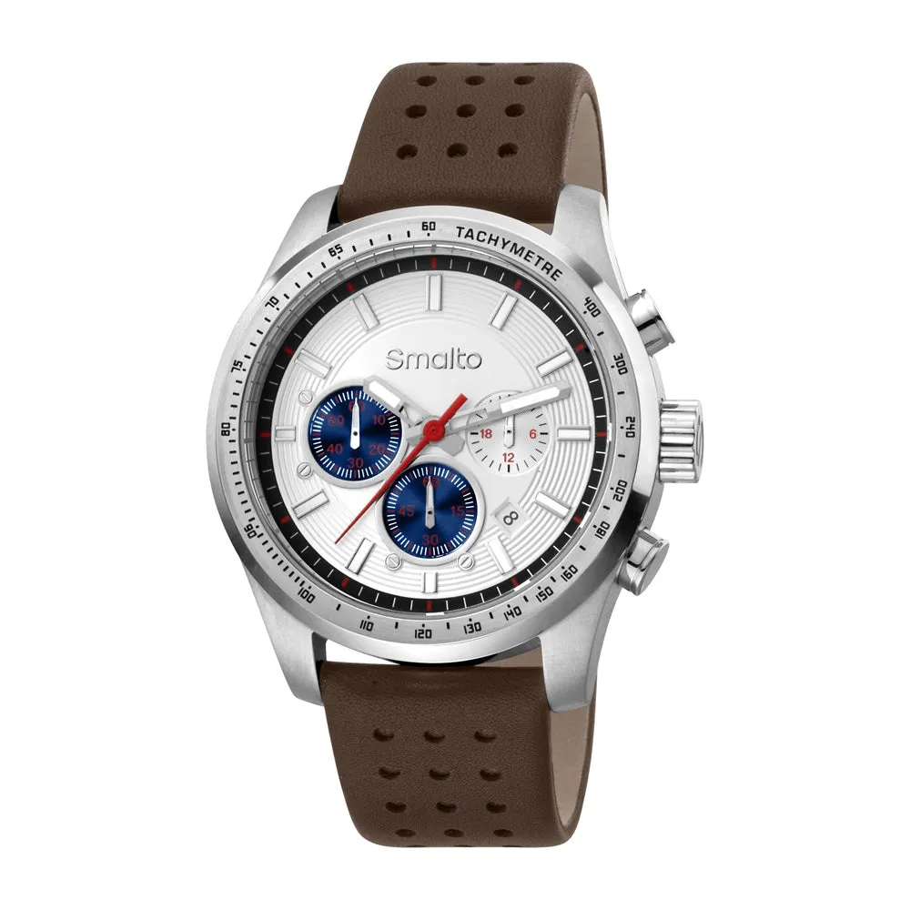 Smalto Men's Stainless Steel Watch With Brown Leather Strap & White Dial