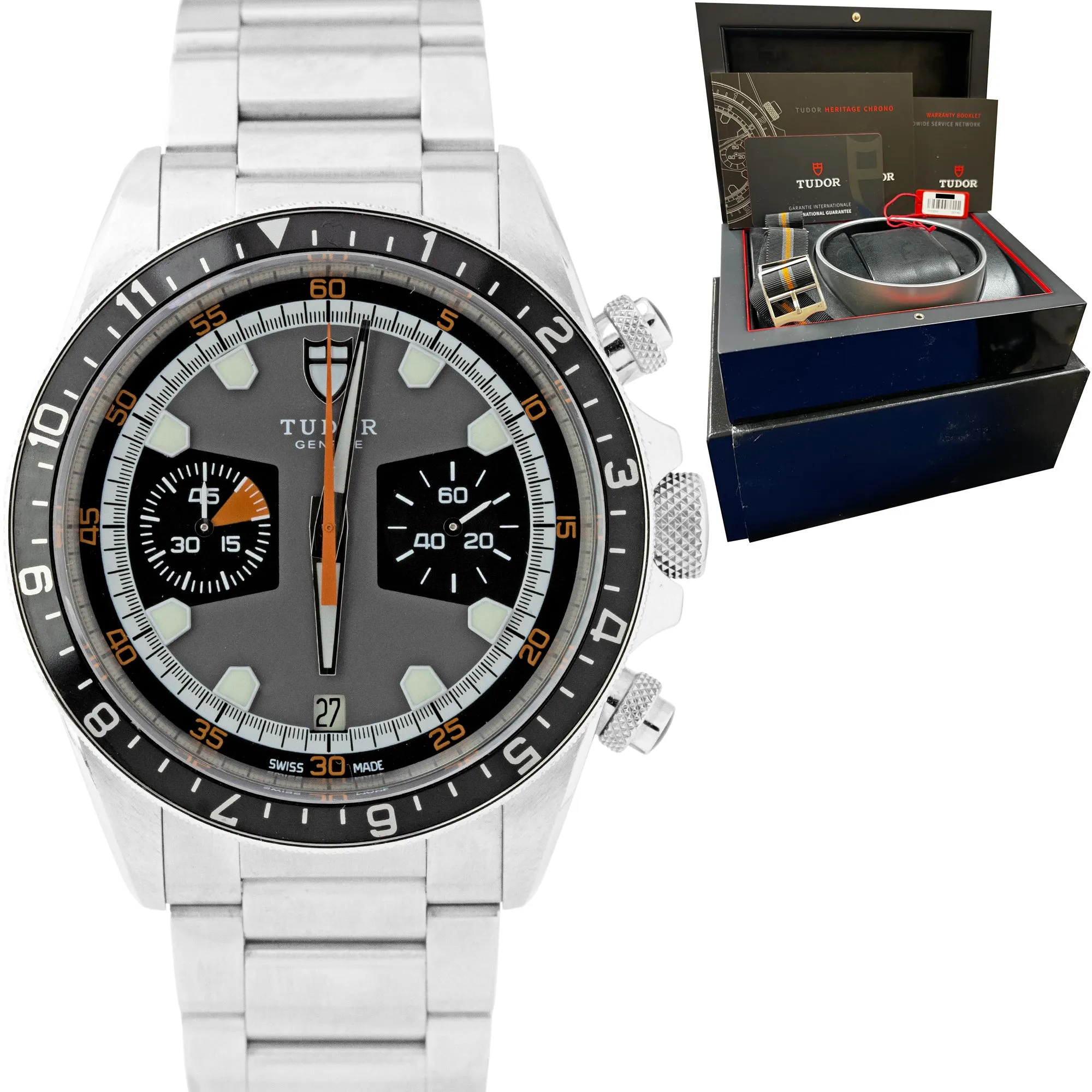 STICKERED Tudor Heritage Chrono Grey Stainless Steel Chronograph Watch 70330 N