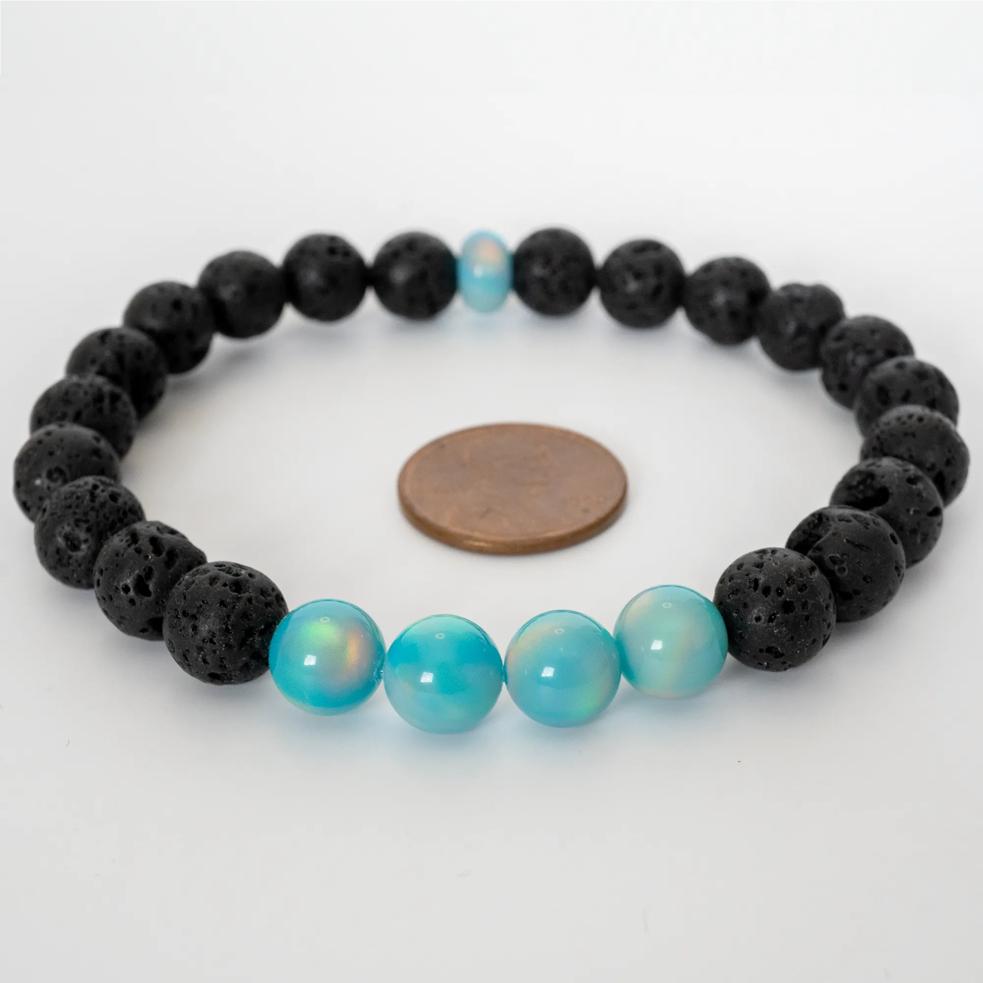 Teal Rainbow Opalescence & Lava Stone Beaded Bracelet