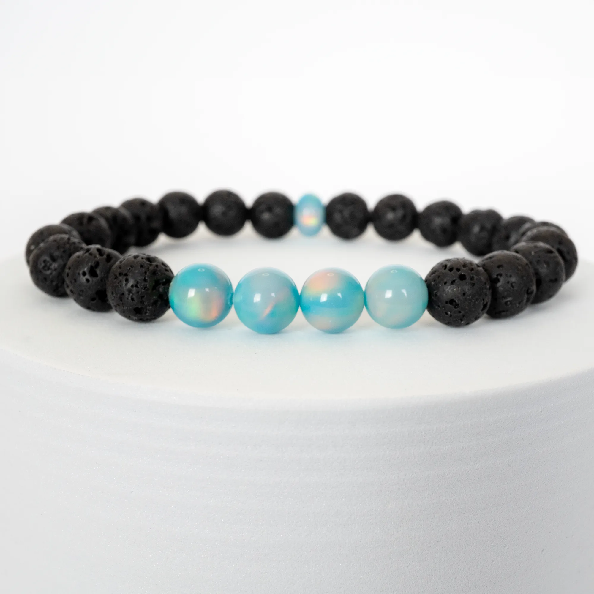 Teal Rainbow Opalescence & Lava Stone Beaded Bracelet