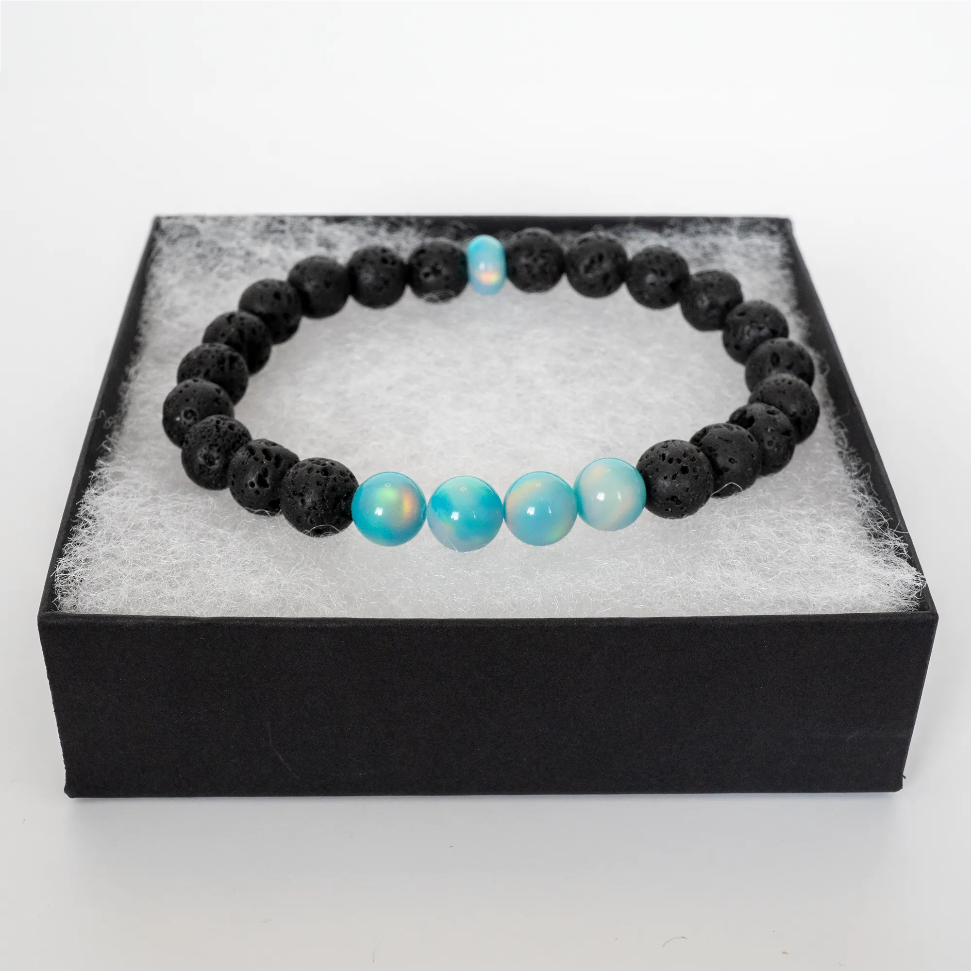 Teal Rainbow Opalescence & Lava Stone Beaded Bracelet