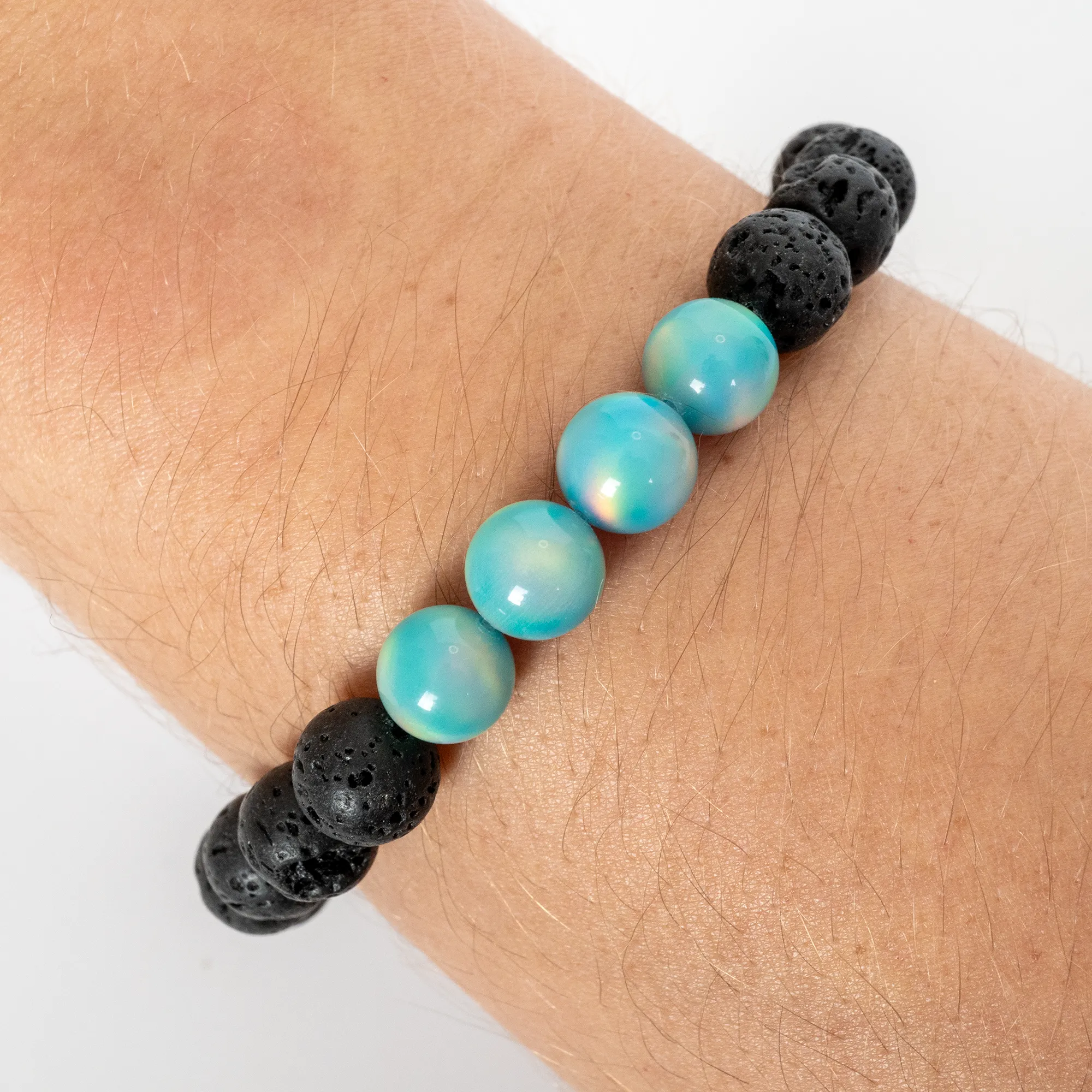 Teal Rainbow Opalescence & Lava Stone Beaded Bracelet