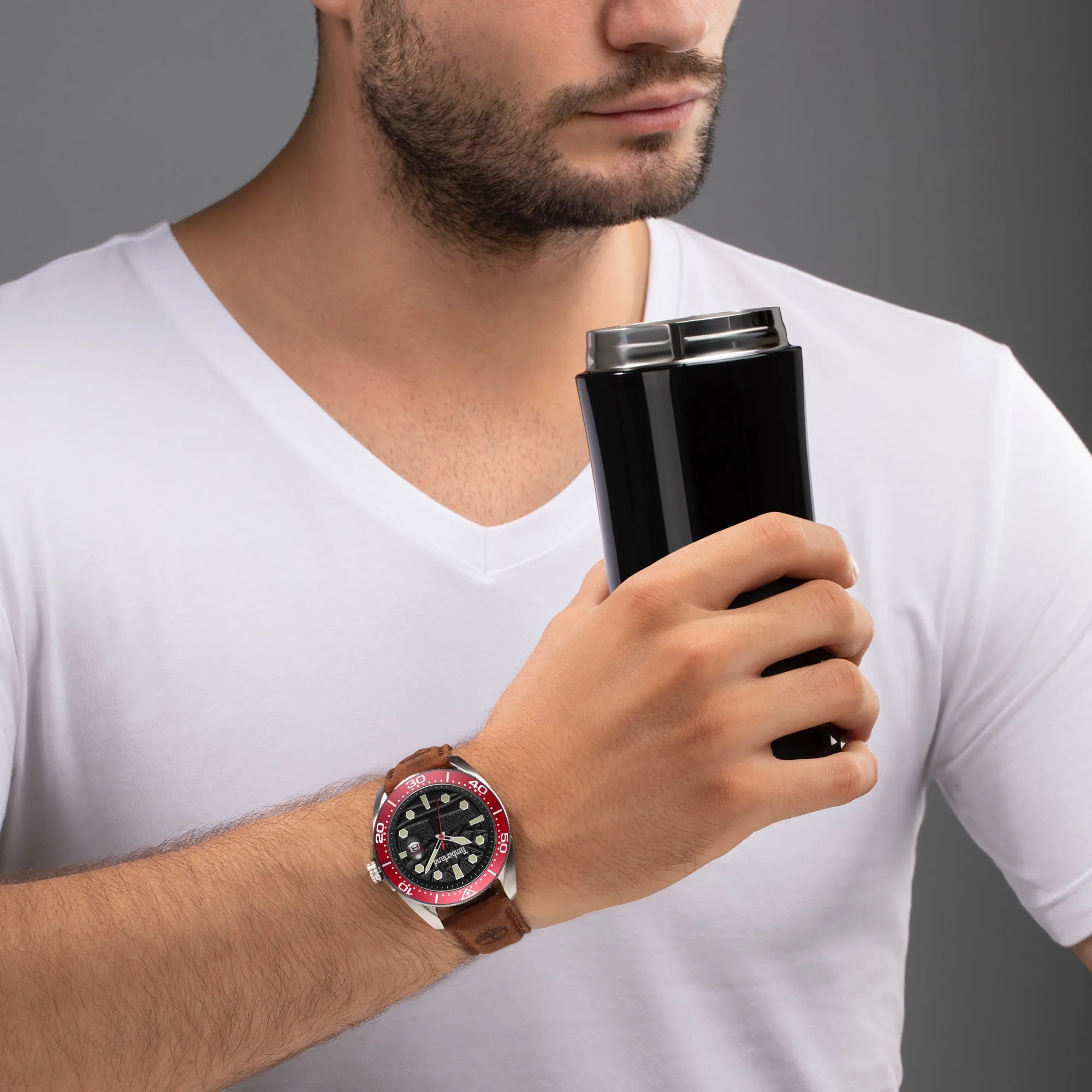 Timberland Carrigan Black Dial Red bezel Leather Strap Men's watch