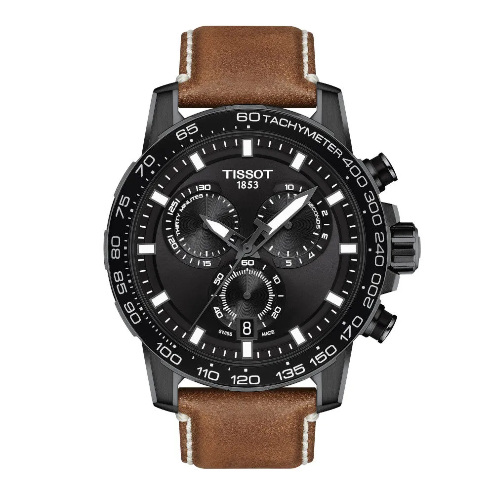 Tissot Supersport Chronograph Mens Black Tone Black Dial Beige Leather Strap Watch