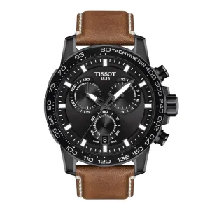 Tissot Supersport Chronograph Mens Black Tone Black Dial Beige Leather Strap Watch