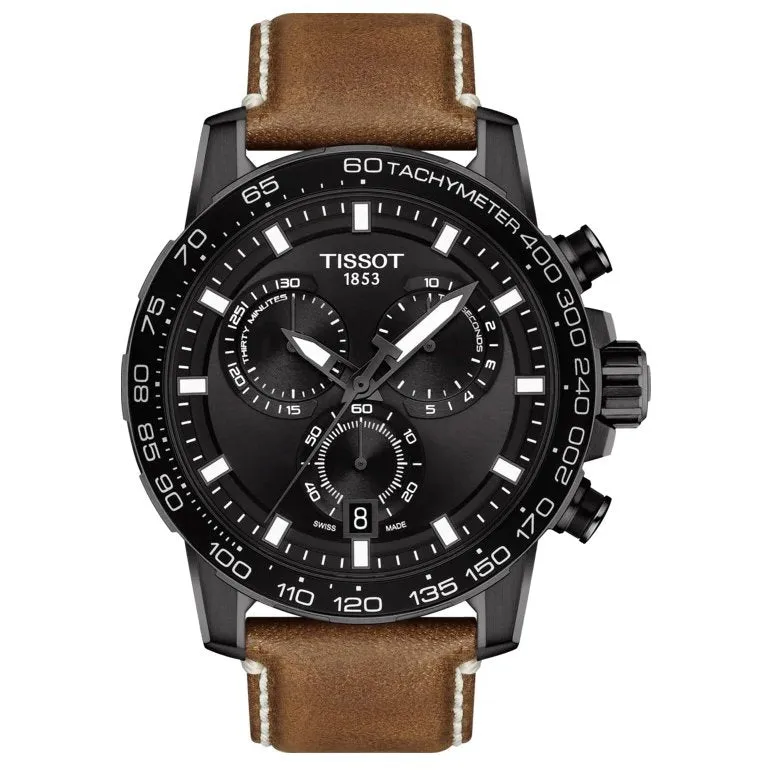 Tissot Supersport Chronograph Mens Black Tone Black Dial Beige Leather Strap Watch