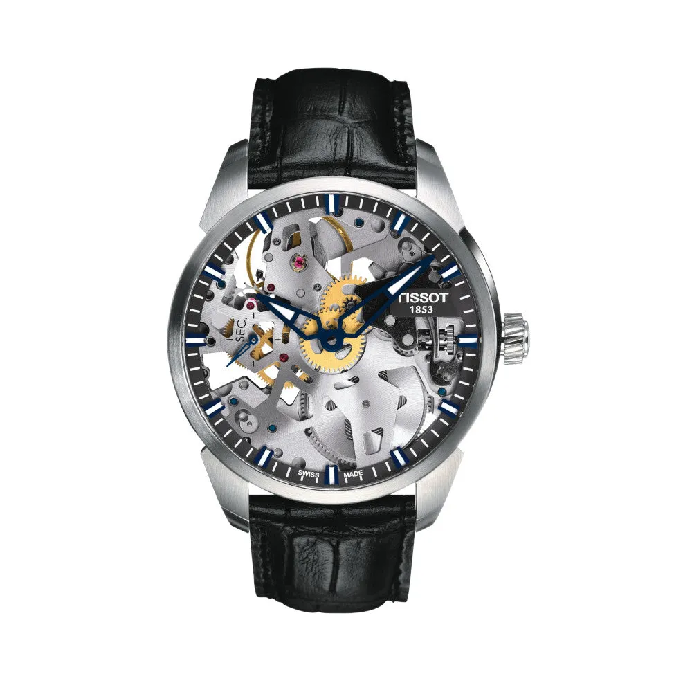 Tissot T-Complication Squelette Mechanical Mens Stainless Steel Black Leather Strap Watch