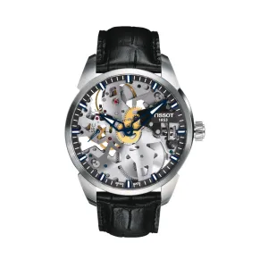 Tissot T-Complication Squelette Mechanical Mens Stainless Steel Black Leather Strap Watch