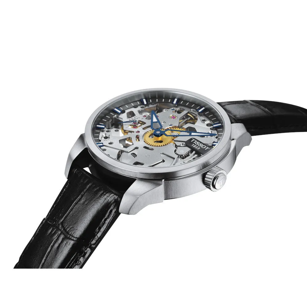 Tissot T-Complication Squelette Mechanical Mens Stainless Steel Black Leather Strap Watch