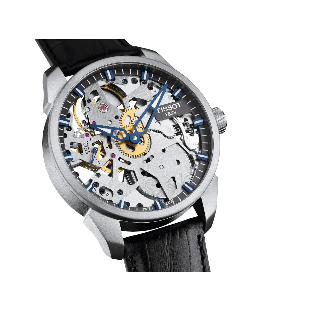 Tissot T-Complication Squelette Mechanical Mens Stainless Steel Black Leather Strap Watch