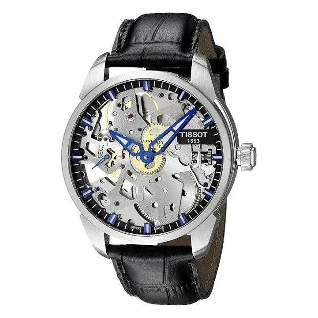 Tissot T-Complication Squelette Mechanical Mens Stainless Steel Black Leather Strap Watch