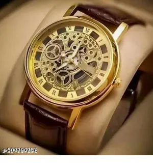 Unique Designer Open Mechanical Open Gold Dial Leather Belt Analog Watch - for Men
