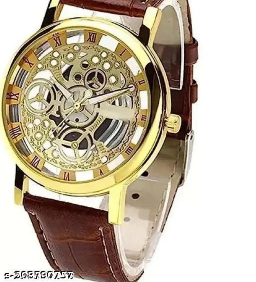 Unique Designer Open Mechanical Open Gold Dial Leather Belt Analog Watch - for Men