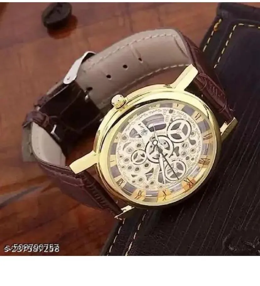 Unique Designer Open Mechanical Open Gold Dial Leather Belt Analog Watch - for Men