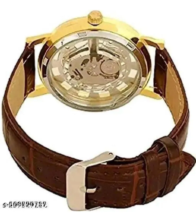 Unique Designer Open Mechanical Open Gold Dial Leather Belt Analog Watch - for Men