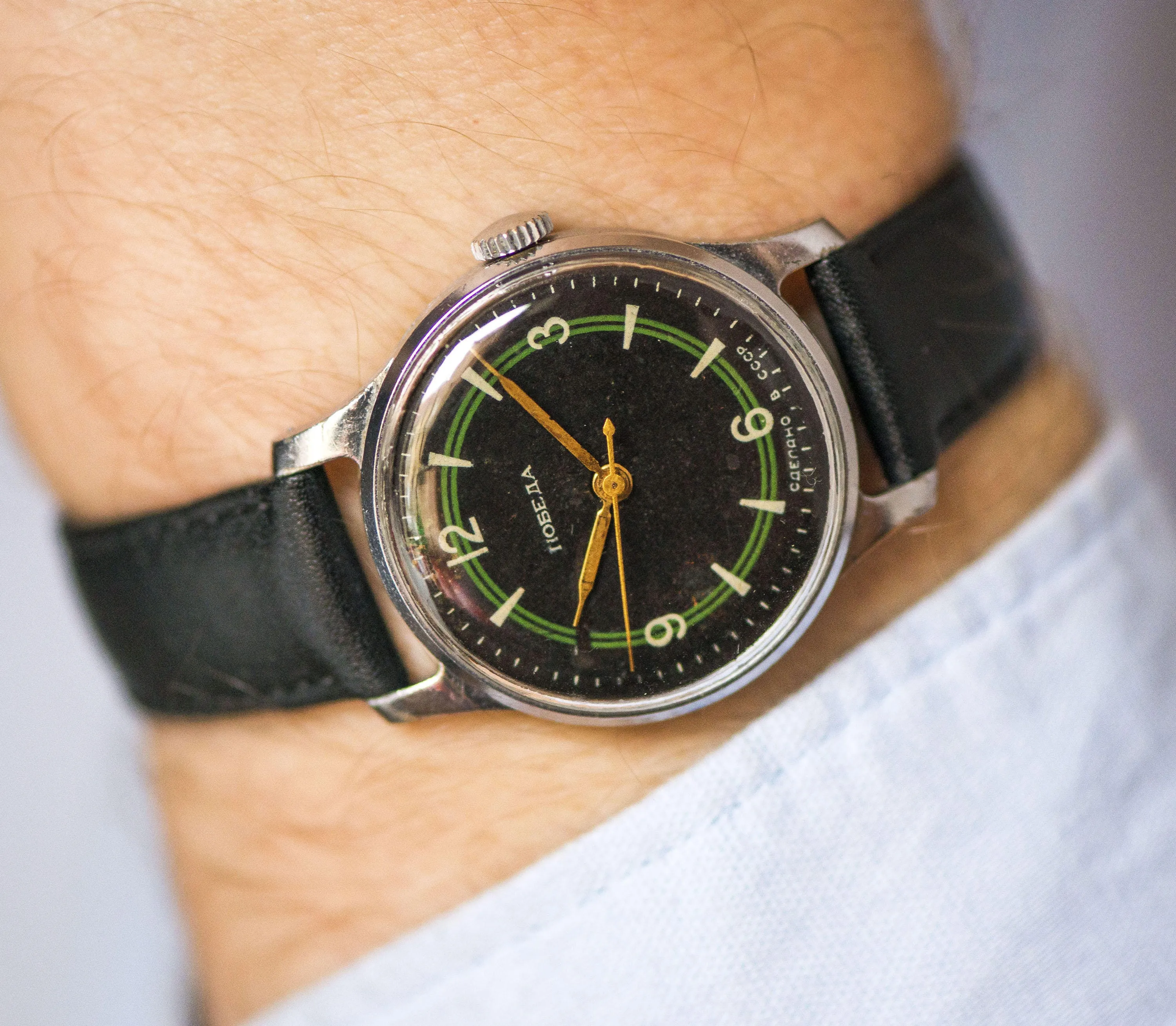 Unique men's watch Pobeda vintage, mid century watch unisex, geometrical pattern black watch rare, boyfriend watch, new premium leather band