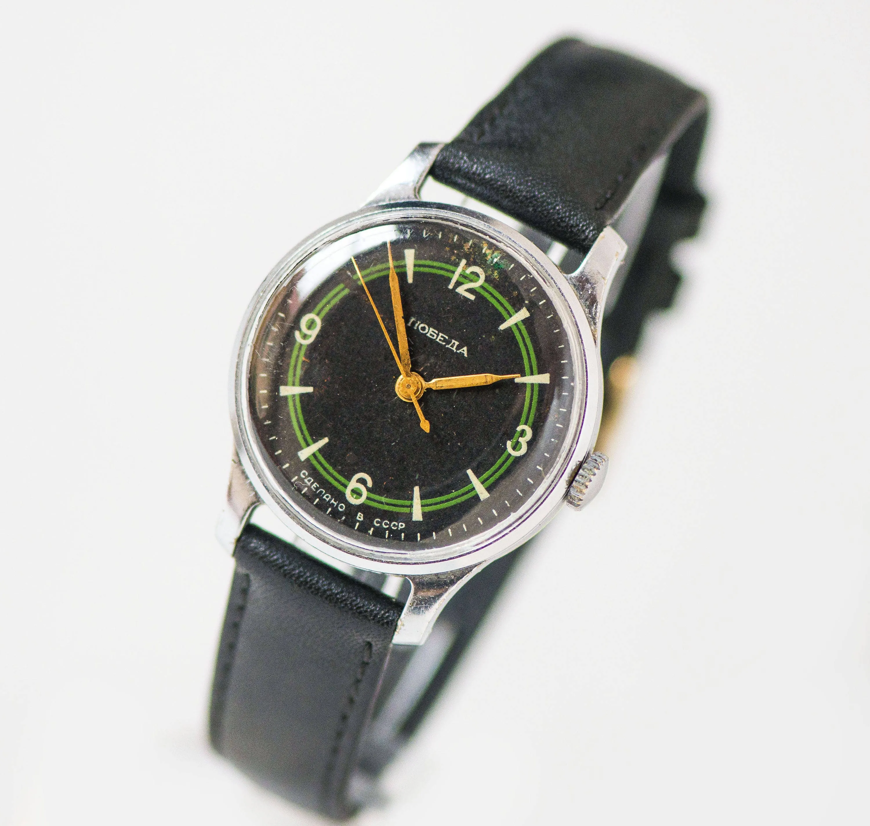 Unique men's watch Pobeda vintage, mid century watch unisex, geometrical pattern black watch rare, boyfriend watch, new premium leather band