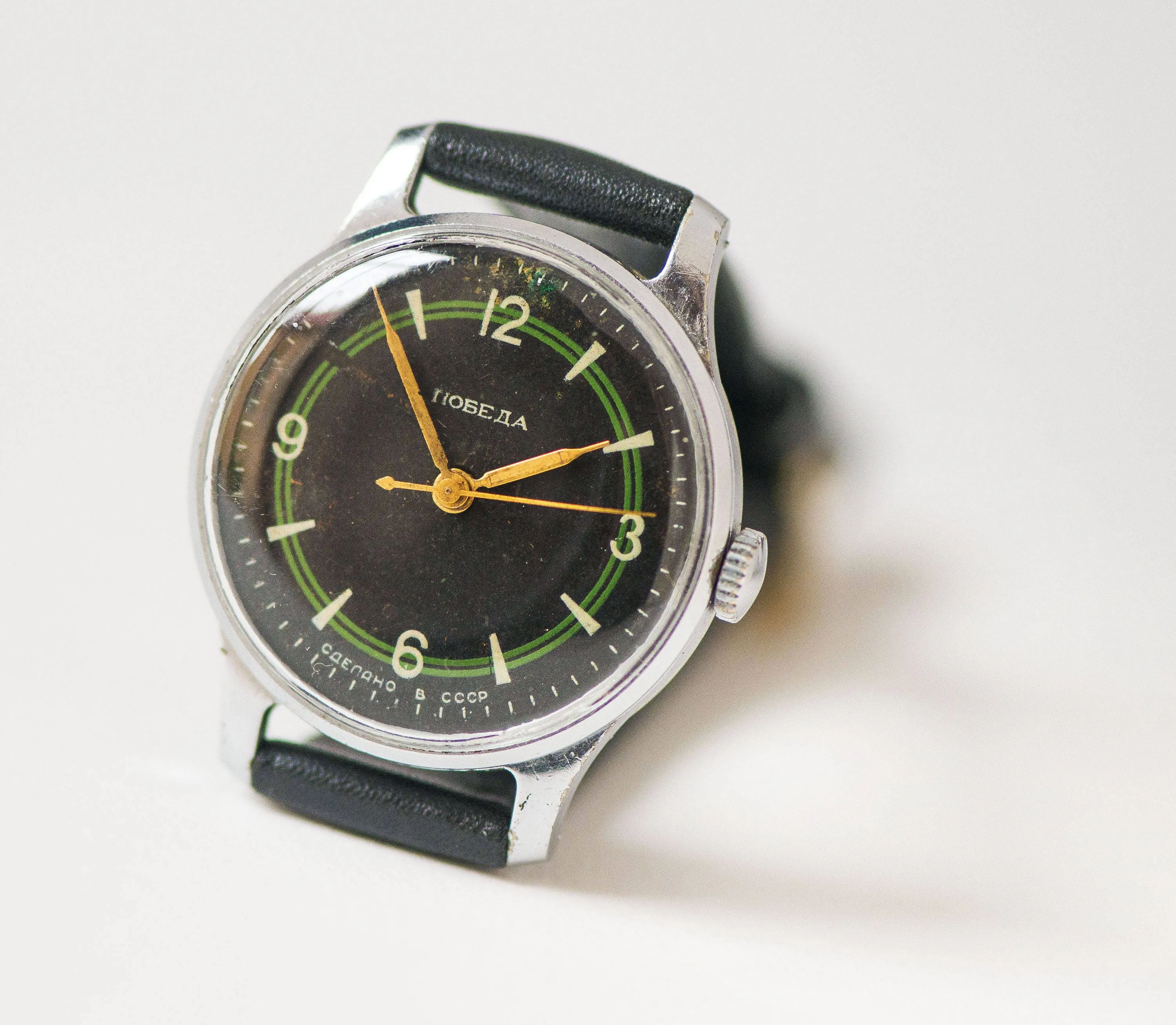 Unique men's watch Pobeda vintage, mid century watch unisex, geometrical pattern black watch rare, boyfriend watch, new premium leather band