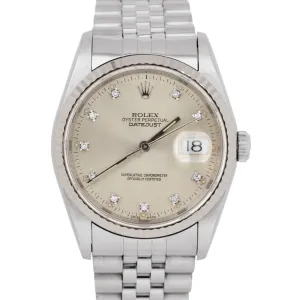 UNPOLISHED Rolex DateJust Silver Diamond Dial Stainless Steel 36mm Watch 16014