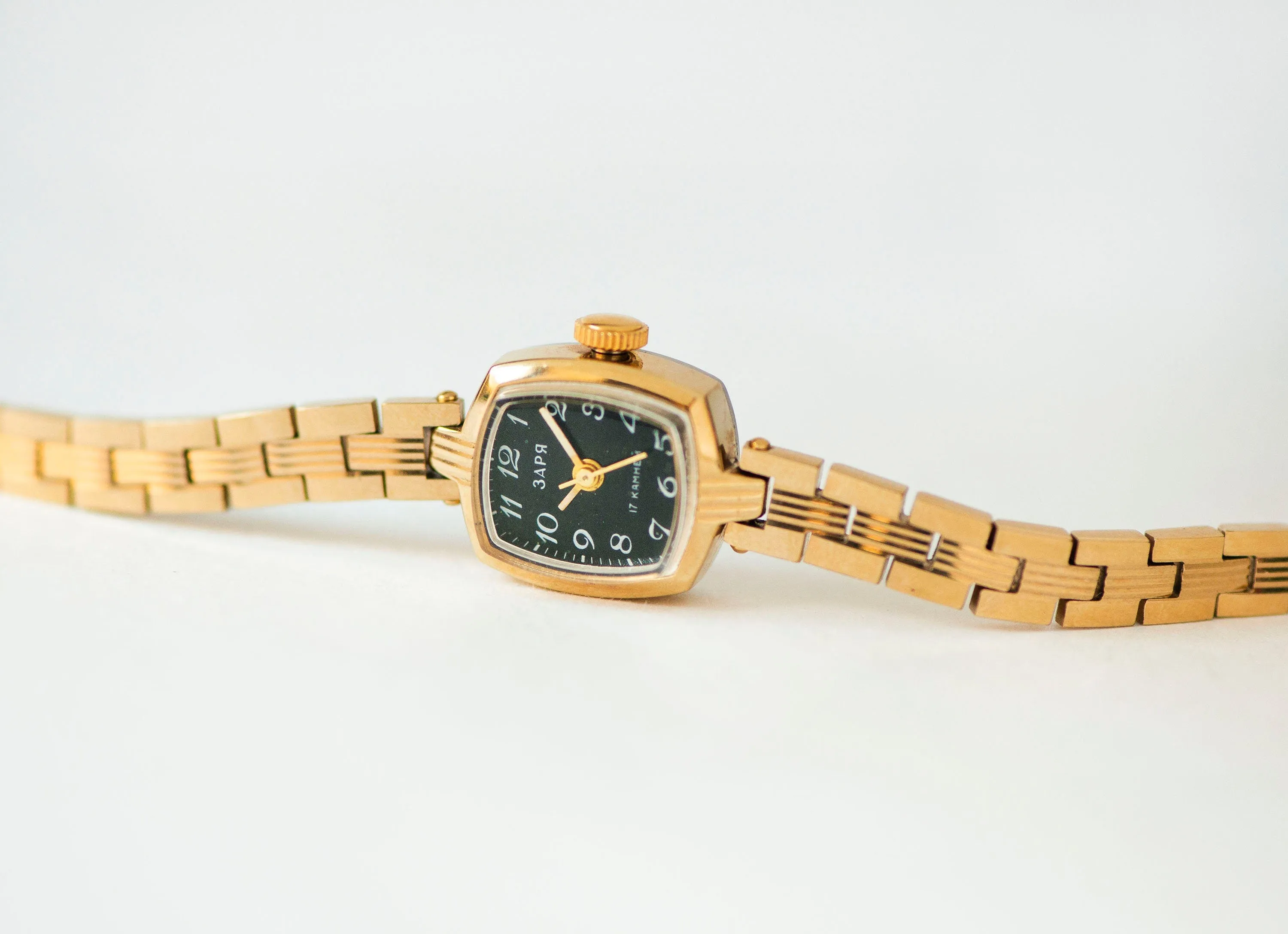 Unused gold plated cocktail watch bracelet black Dawn, delicate rectangular women wrist watch, new old stock watch jewelry gift for lady