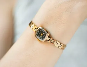 Unused gold plated cocktail watch bracelet black Dawn, delicate rectangular women wrist watch, new old stock watch jewelry gift for lady