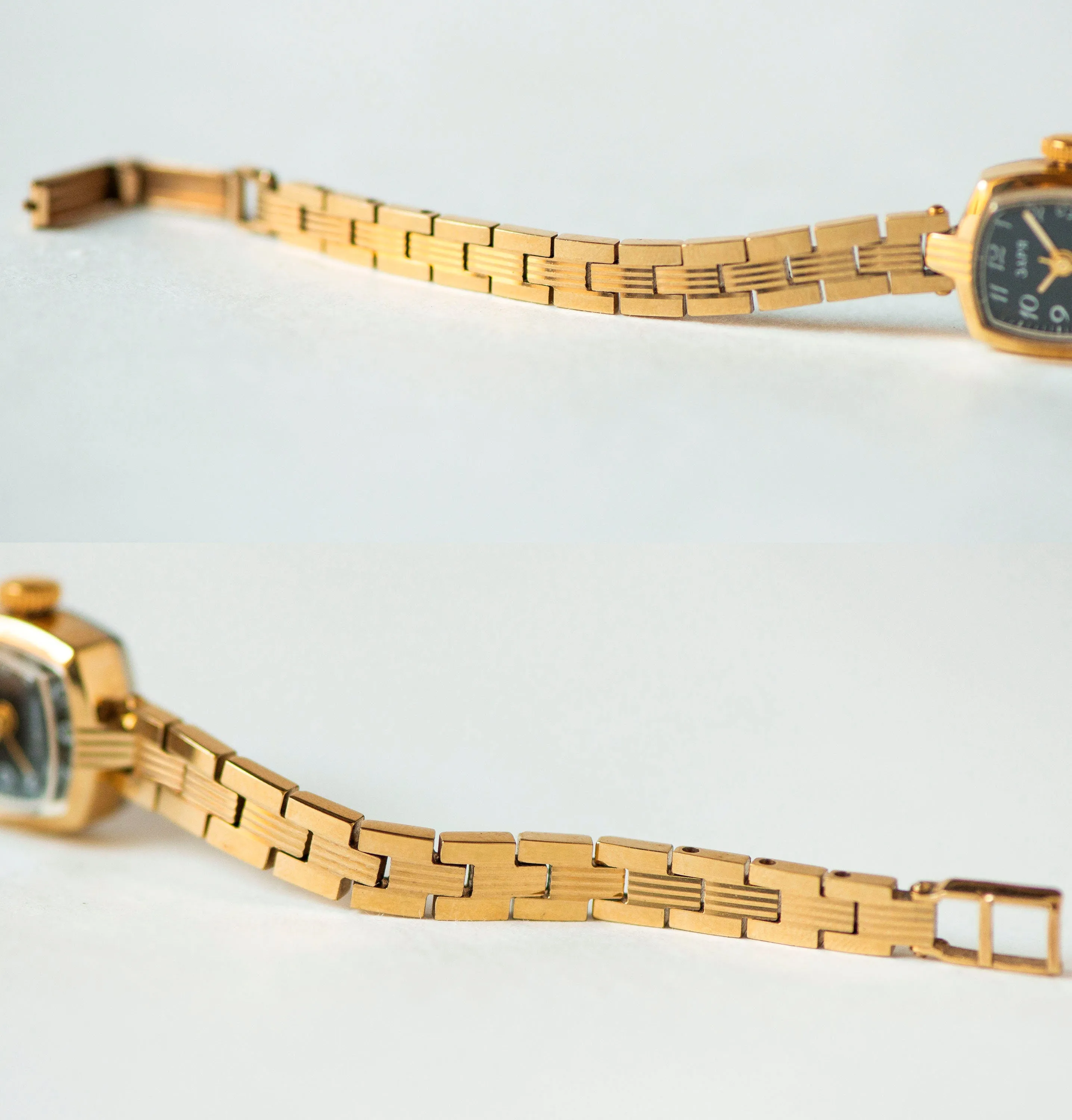Unused gold plated cocktail watch bracelet black Dawn, delicate rectangular women wrist watch, new old stock watch jewelry gift for lady