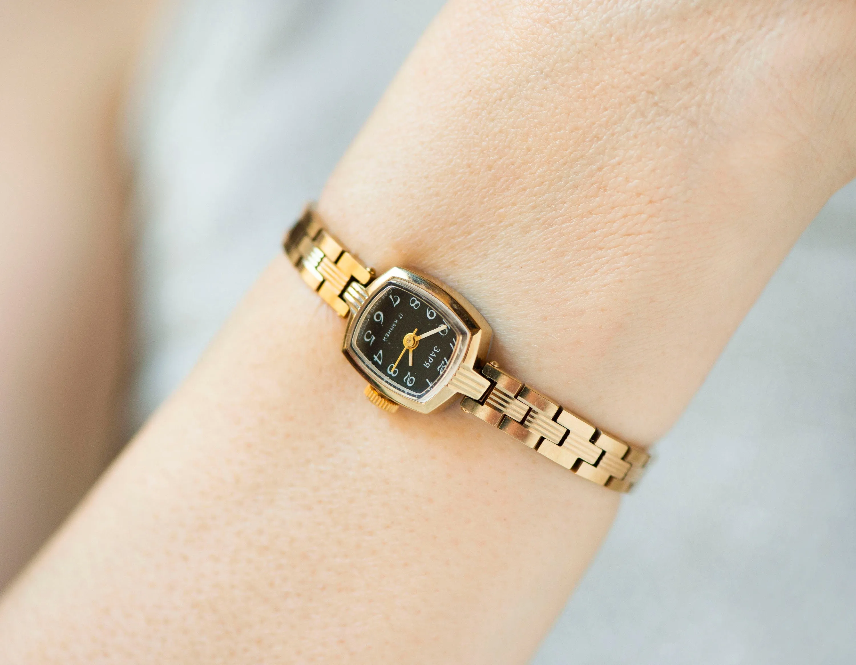 Unused gold plated cocktail watch bracelet black Dawn, delicate rectangular women wrist watch, new old stock watch jewelry gift for lady
