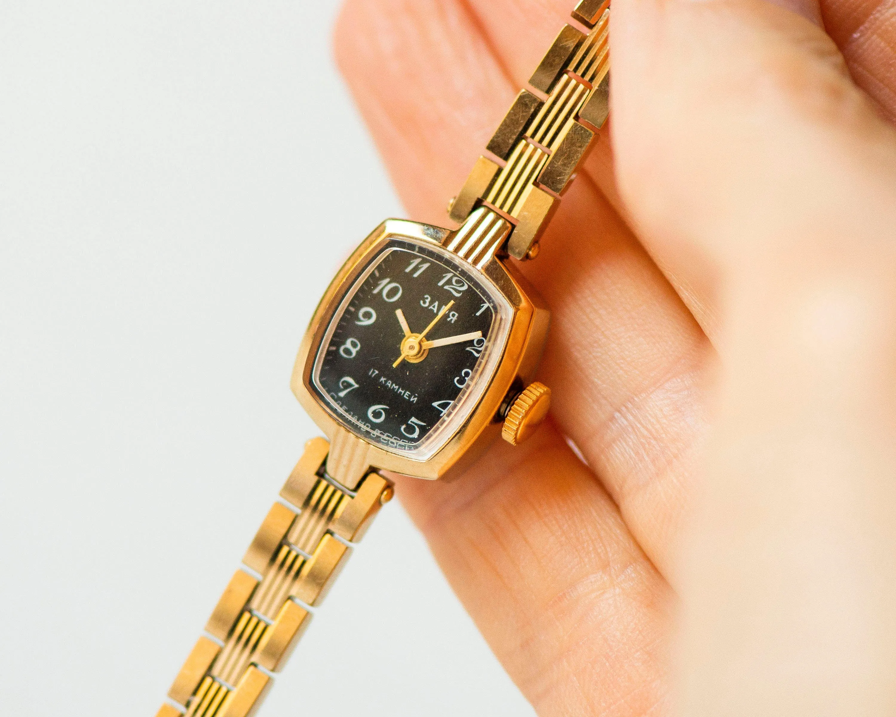 Unused gold plated cocktail watch bracelet black Dawn, delicate rectangular women wrist watch, new old stock watch jewelry gift for lady