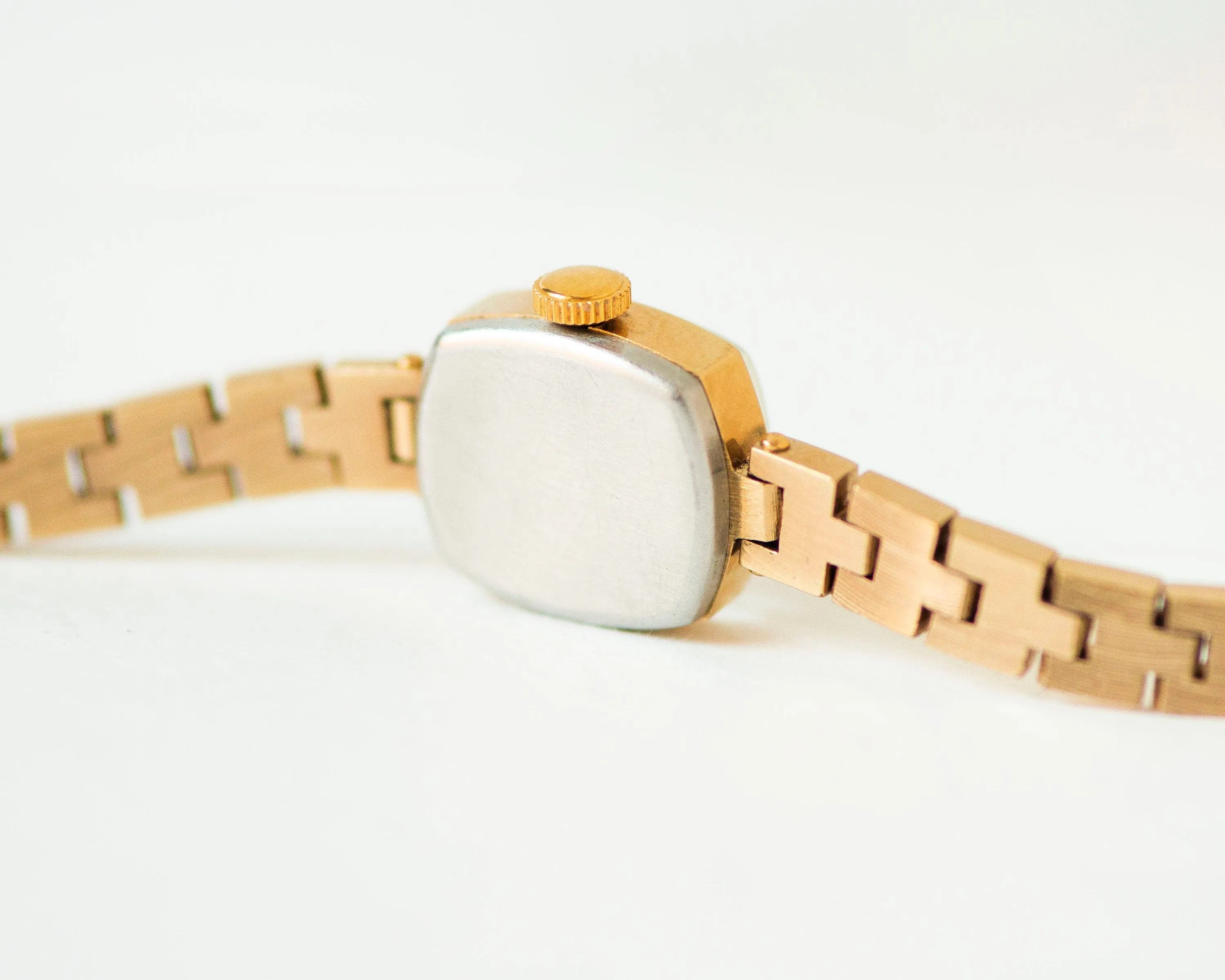 Unused gold plated cocktail watch bracelet black Dawn, delicate rectangular women wrist watch, new old stock watch jewelry gift for lady