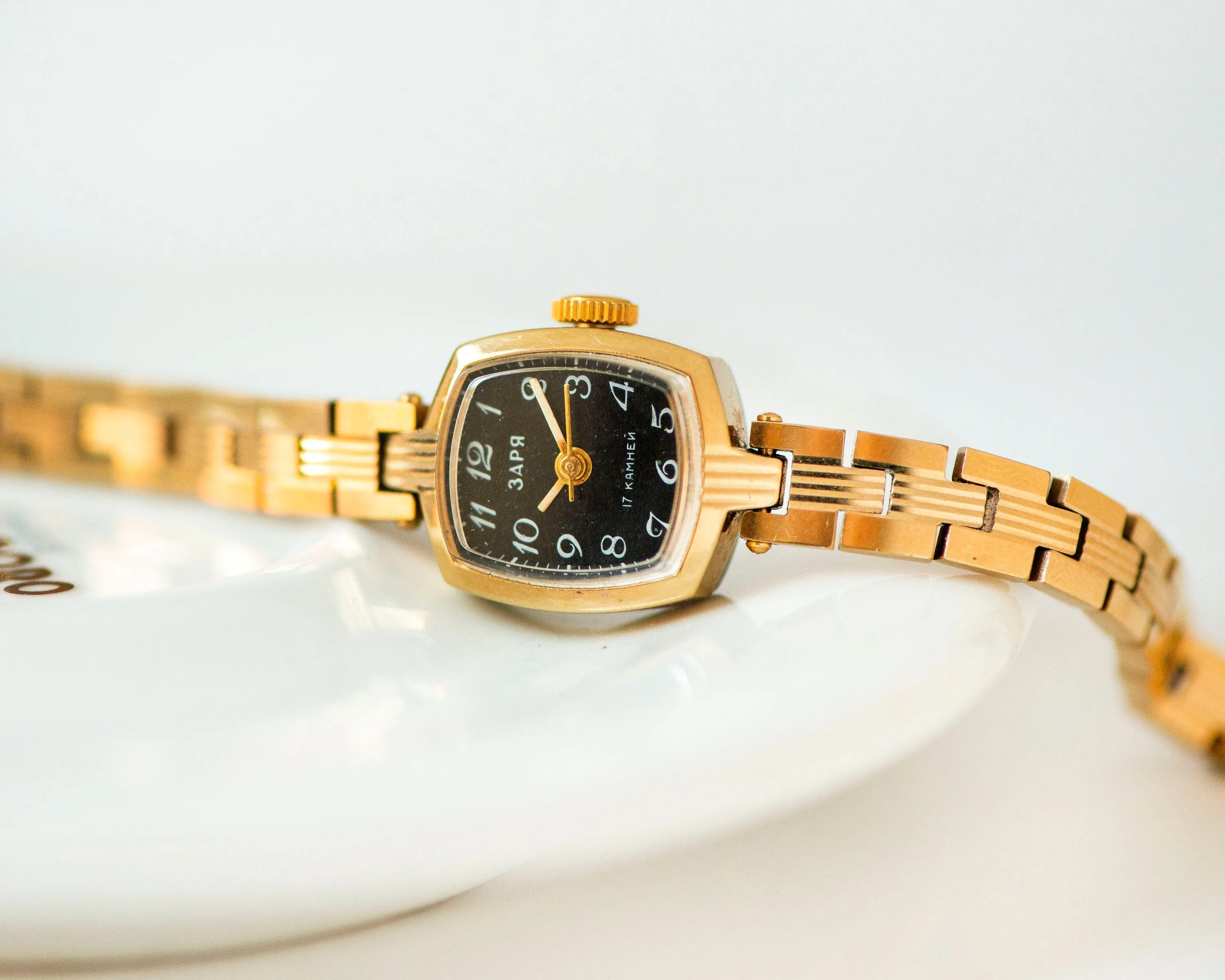 Unused gold plated cocktail watch bracelet black Dawn, delicate rectangular women wrist watch, new old stock watch jewelry gift for lady