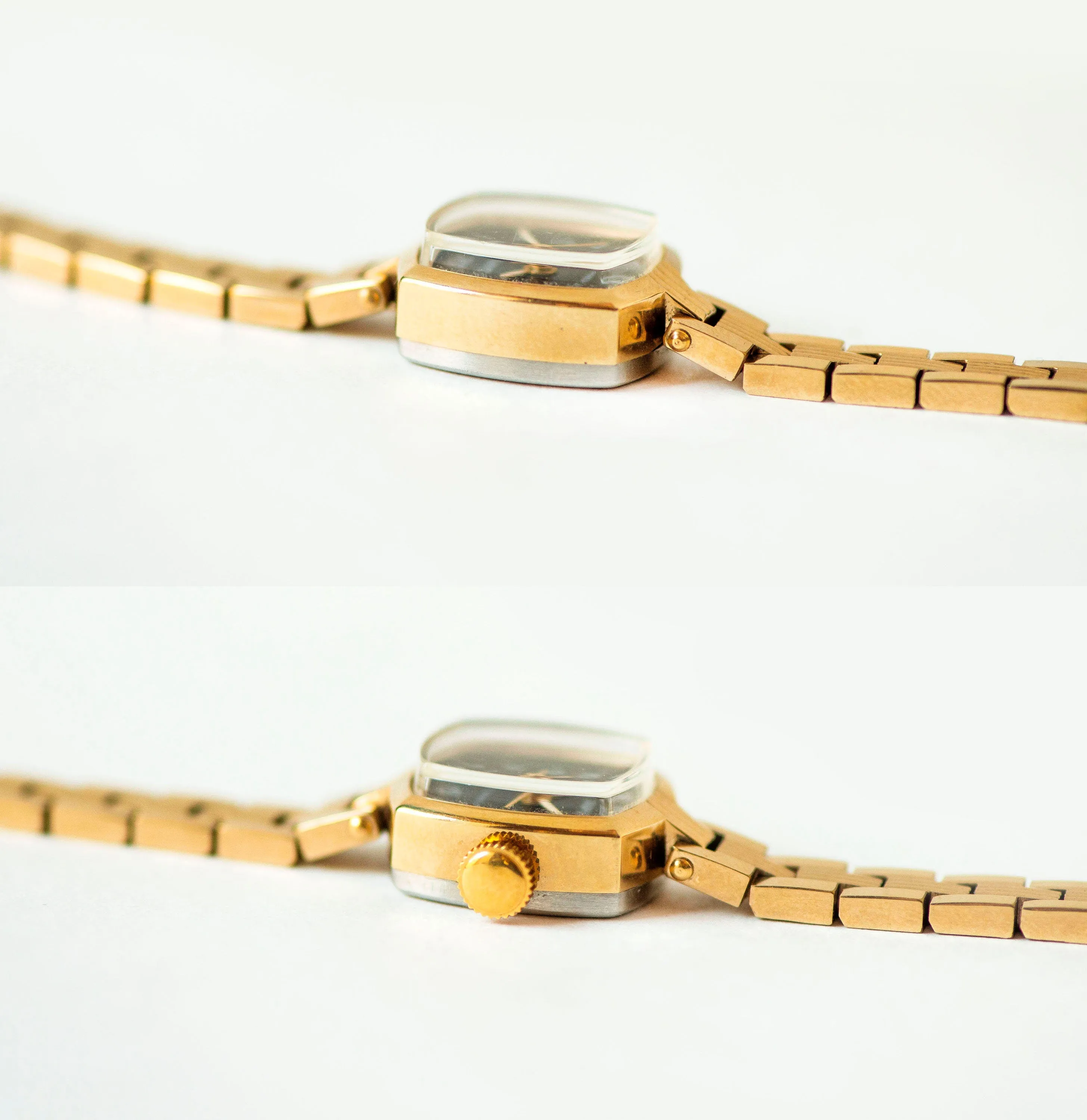 Unused gold plated cocktail watch bracelet black Dawn, delicate rectangular women wrist watch, new old stock watch jewelry gift for lady