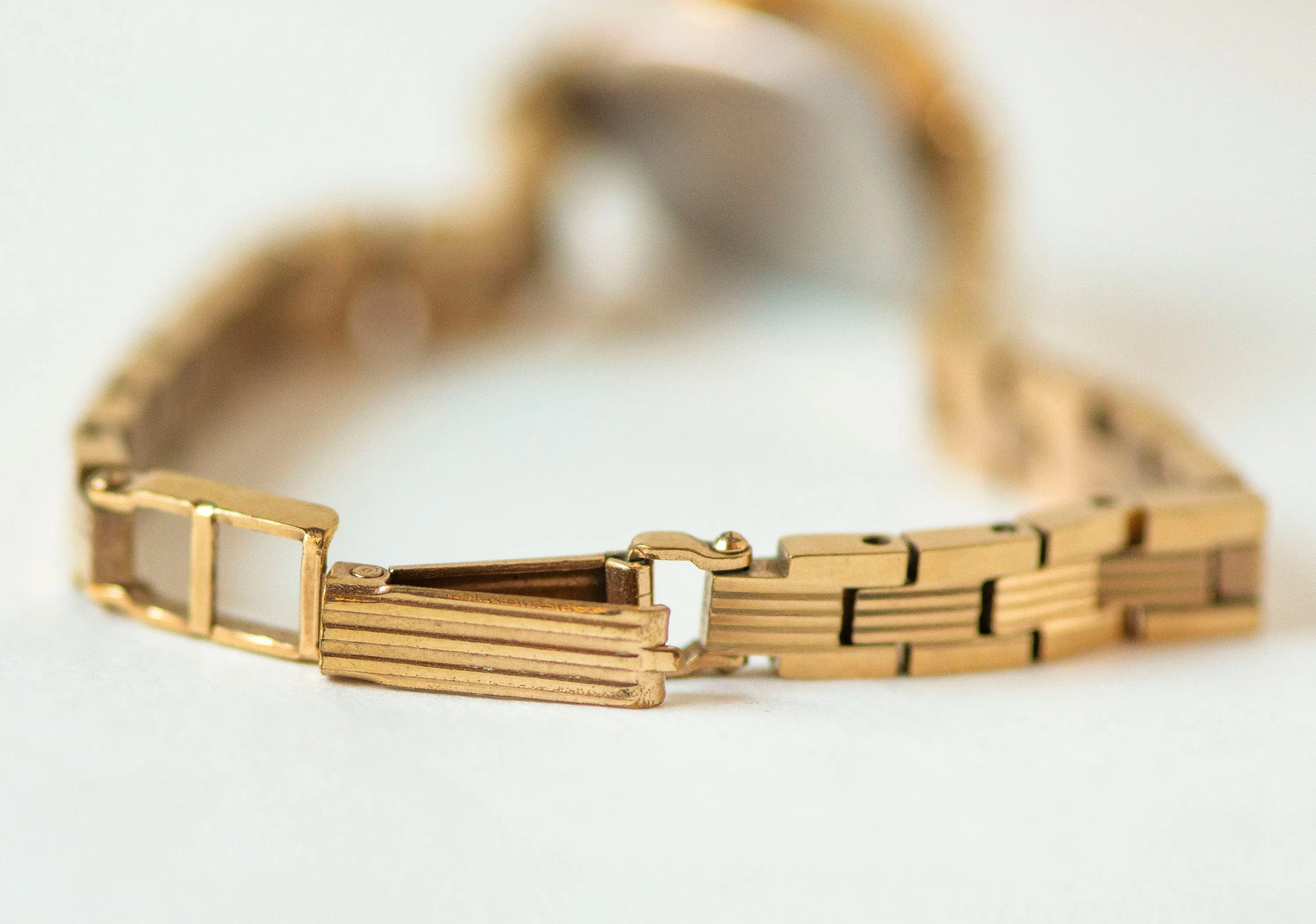 Unused gold plated cocktail watch bracelet black Dawn, delicate rectangular women wrist watch, new old stock watch jewelry gift for lady