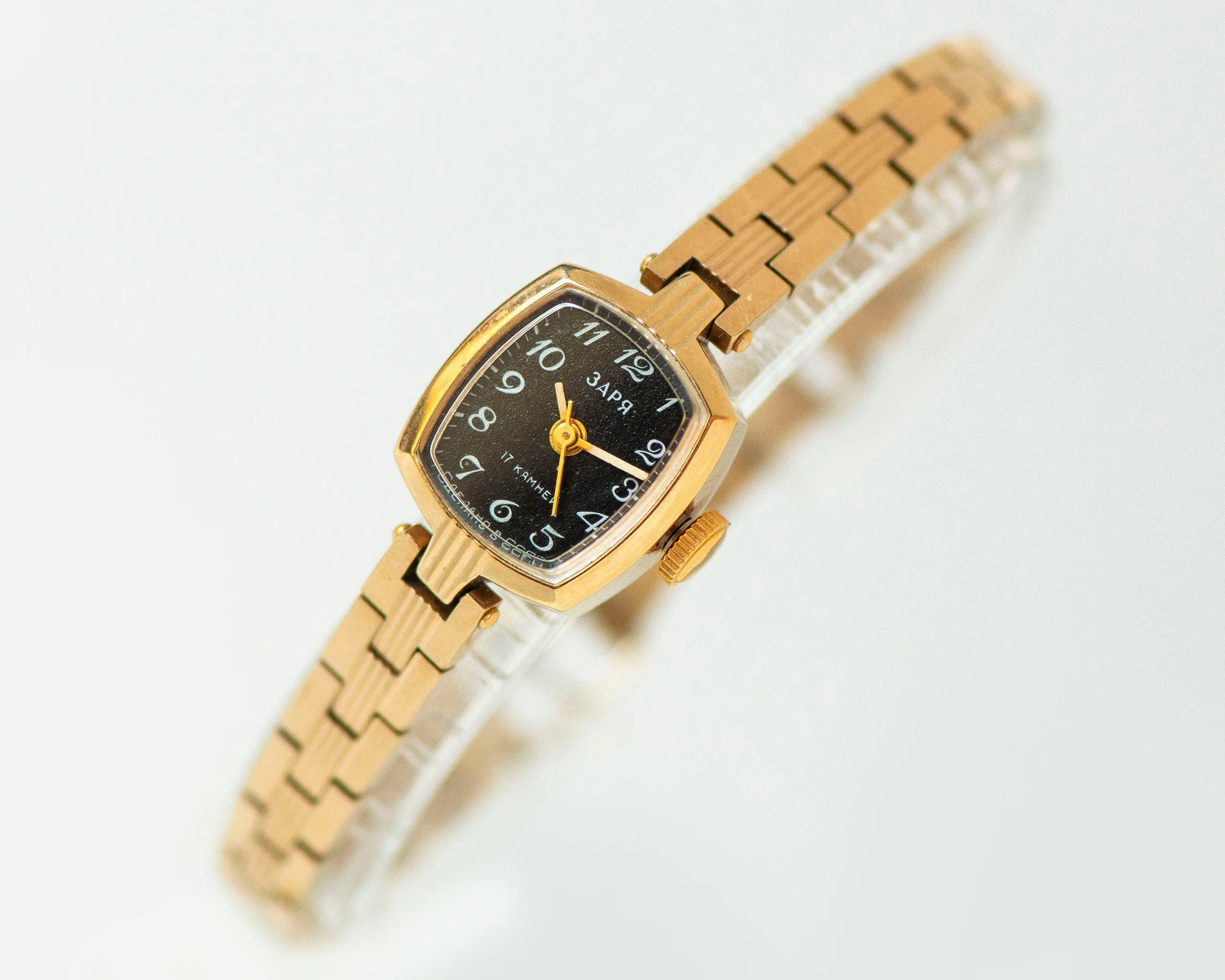 Unused gold plated cocktail watch bracelet black Dawn, delicate rectangular women wrist watch, new old stock watch jewelry gift for lady