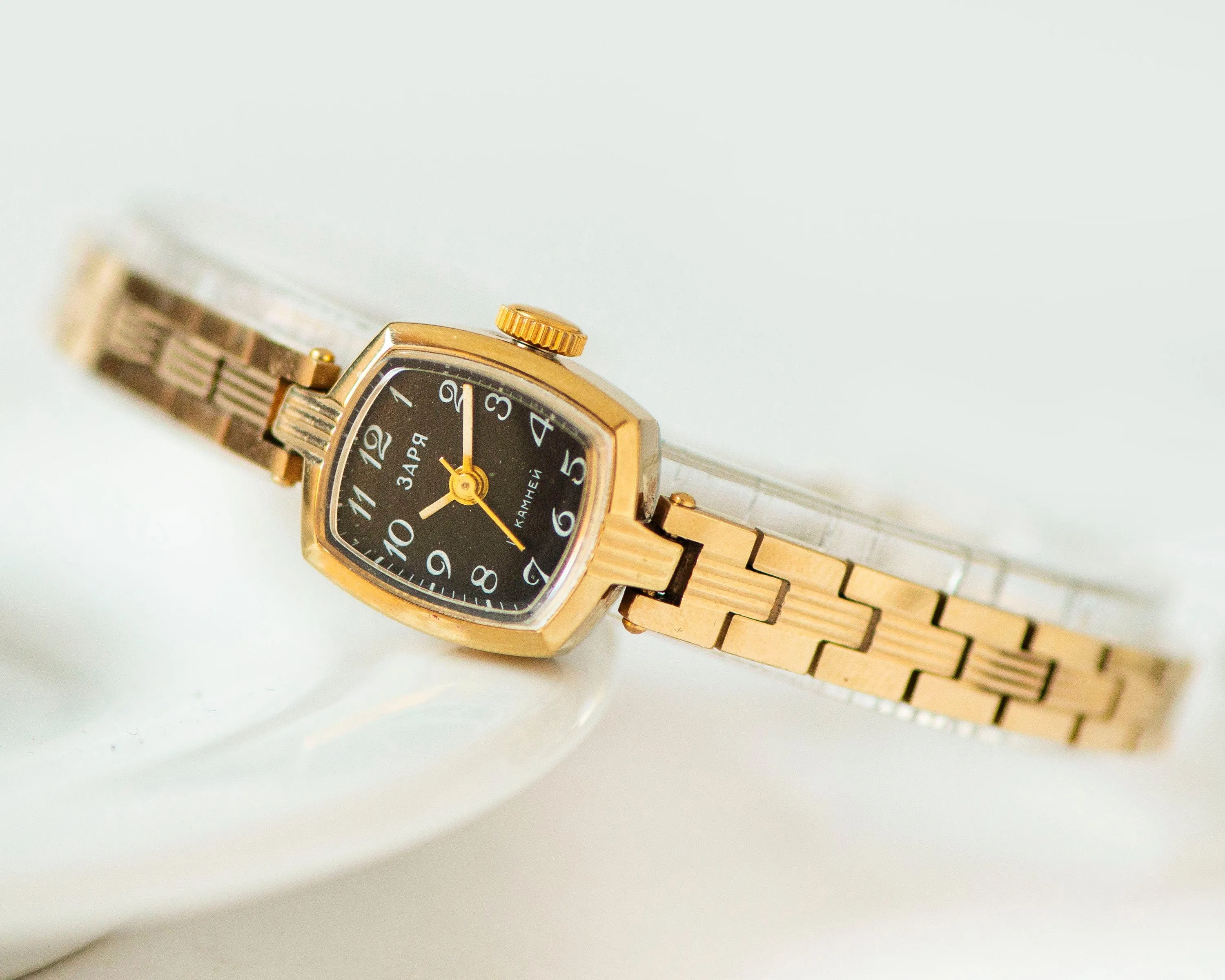Unused gold plated cocktail watch bracelet black Dawn, delicate rectangular women wrist watch, new old stock watch jewelry gift for lady