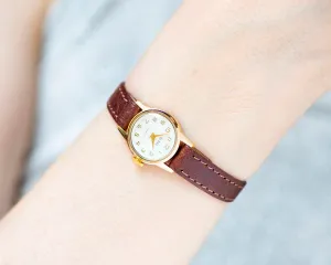 Unused lady's watch Glory gold plated, petite lady's watch vintage, classic wristwatch gift, jewelry for women rare new premium leather band