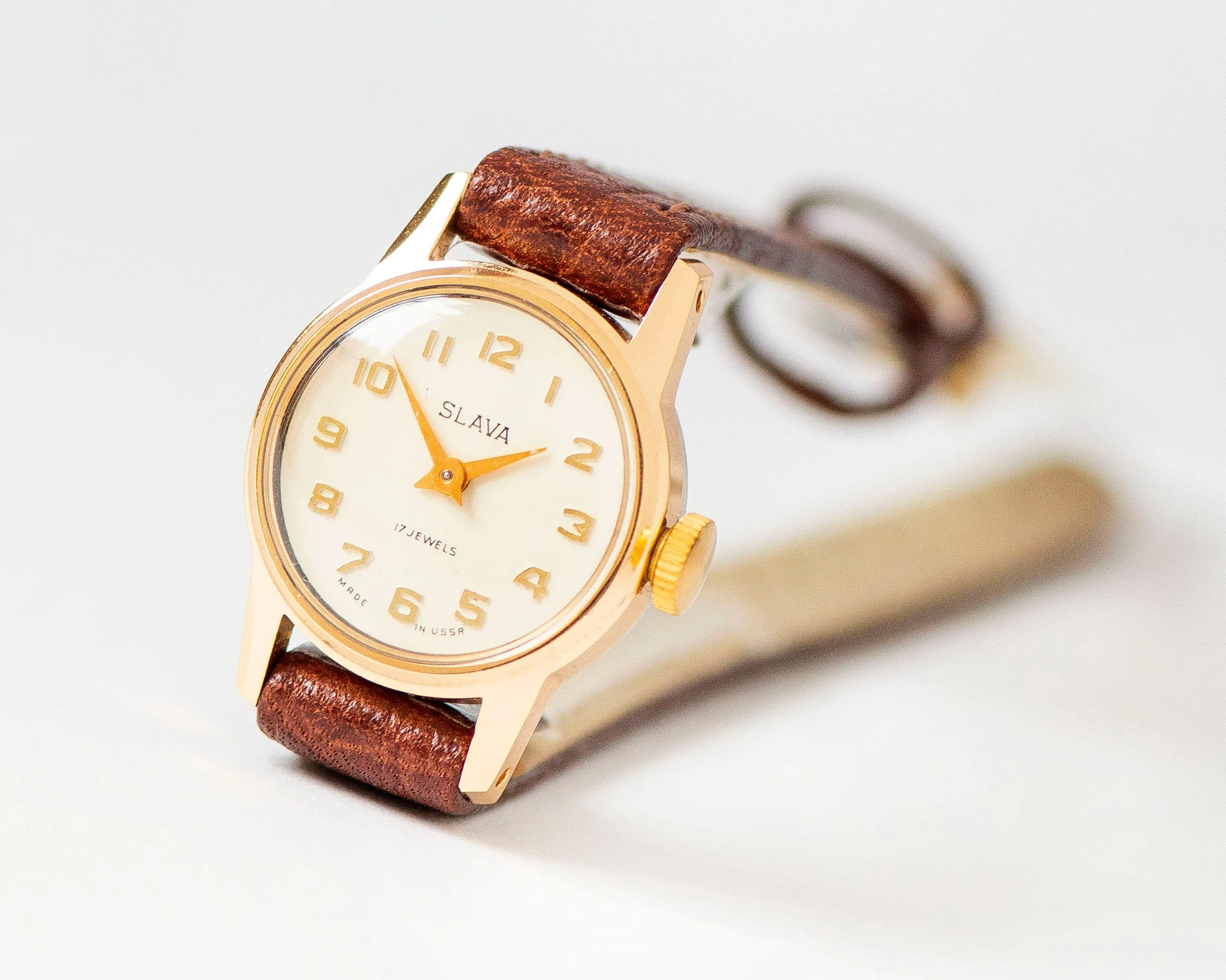 Unused lady's watch Glory gold plated, petite lady's watch vintage, classic wristwatch gift, jewelry for women rare new premium leather band