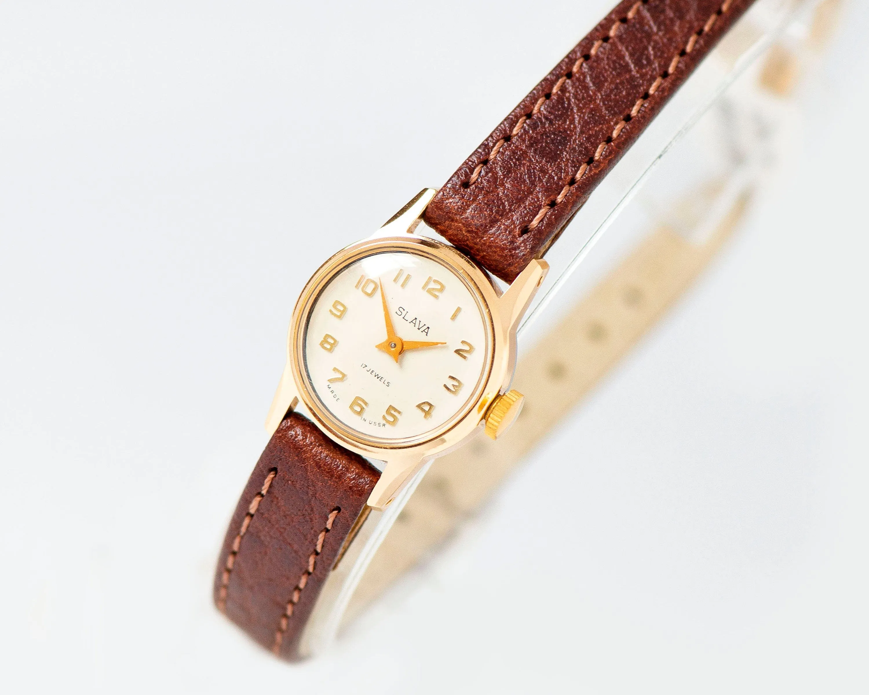 Unused lady's watch Glory gold plated, petite lady's watch vintage, classic wristwatch gift, jewelry for women rare new premium leather band