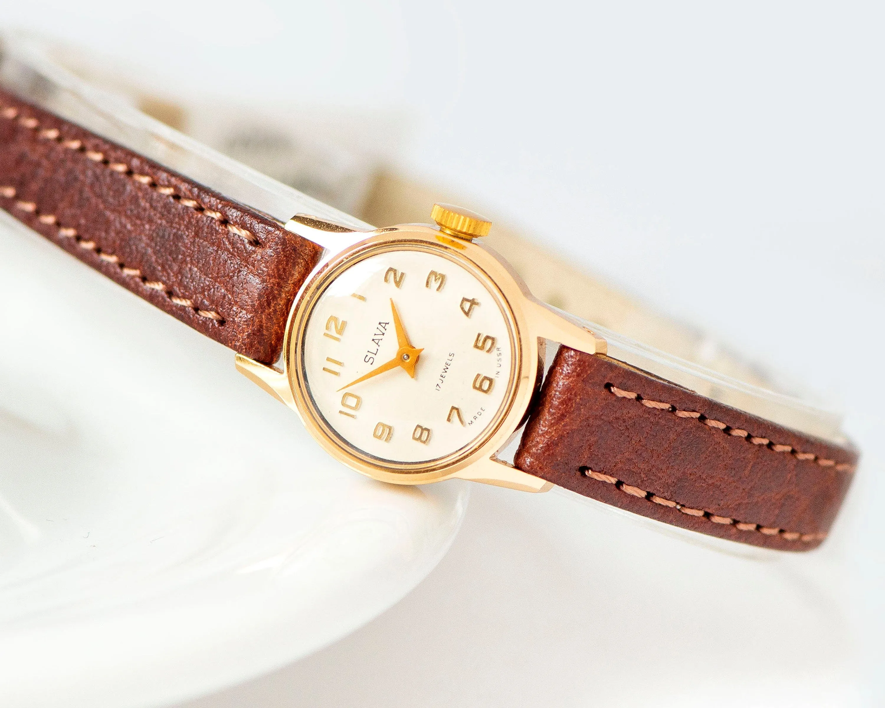 Unused lady's watch Glory gold plated, petite lady's watch vintage, classic wristwatch gift, jewelry for women rare new premium leather band