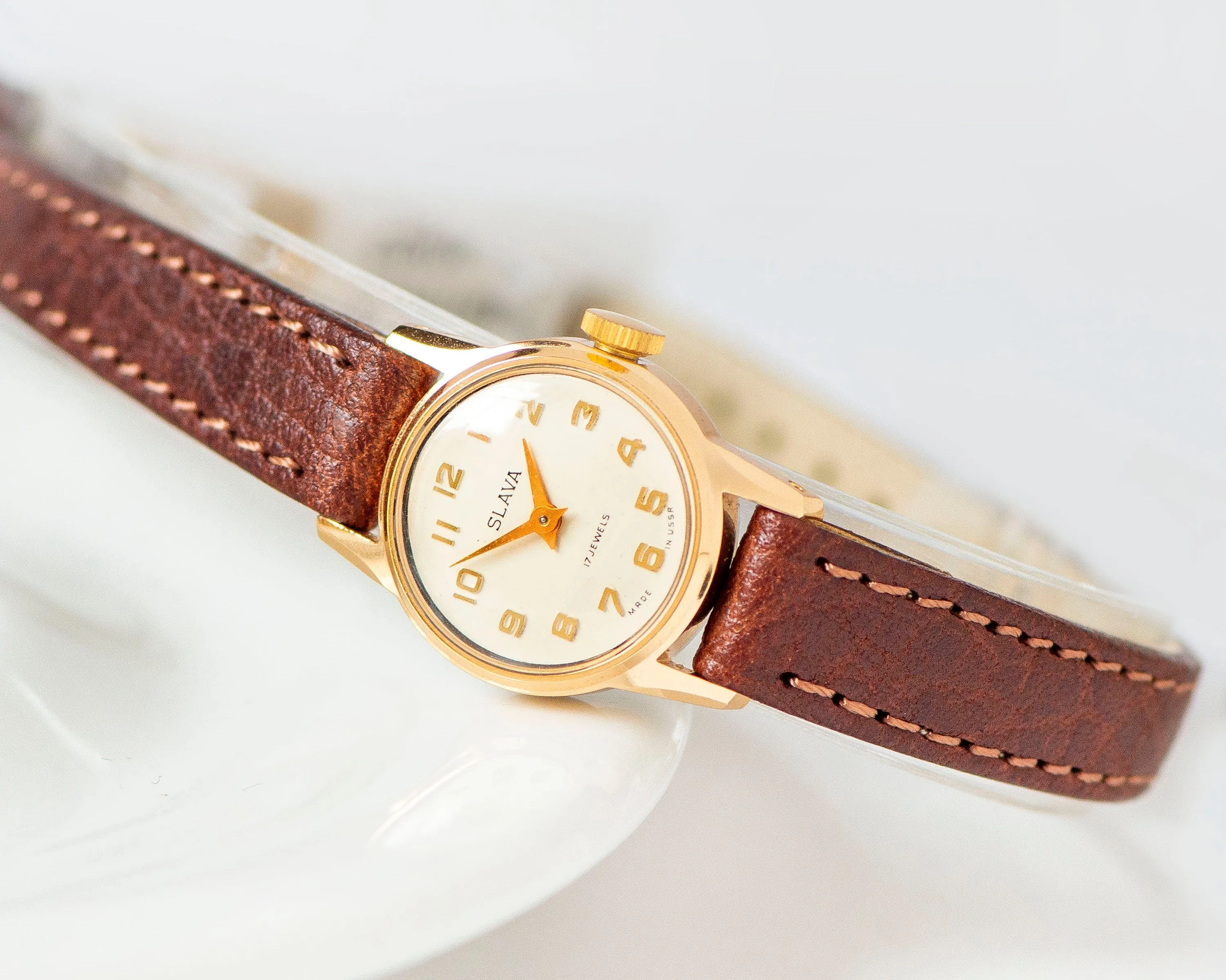 Unused lady's watch Glory gold plated, petite lady's watch vintage, classic wristwatch gift, jewelry for women rare new premium leather band