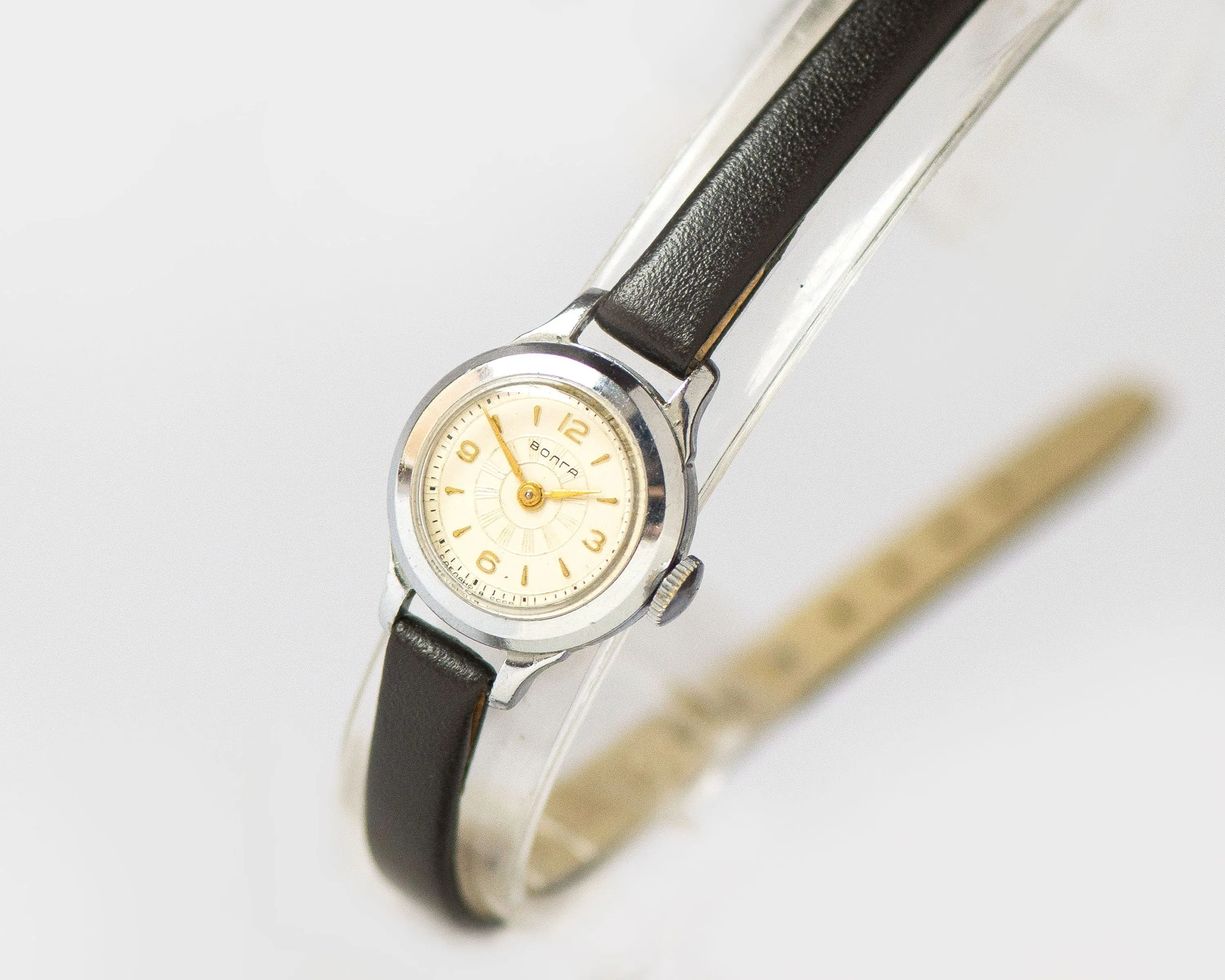 Very rare wristwatch for women Volga, sunburst dial lady watch silver shade, Arabic numerals watch vintage gift, new premium leather strap
