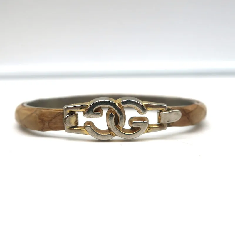 Vintage Gucci GG Bangle Bracelet Tan Snakeskin 24k Gold-Plated