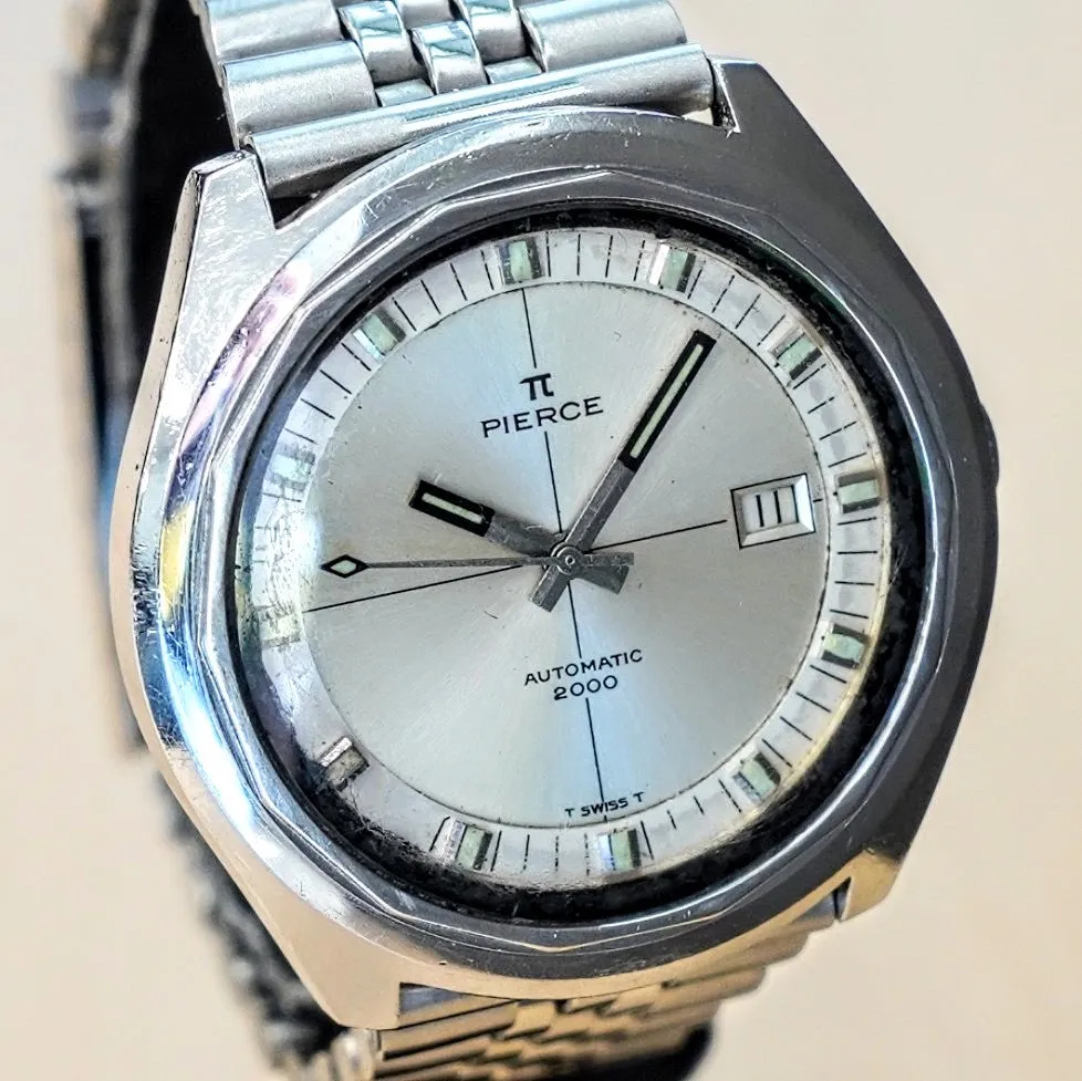 Vintage PIERCE Diver Automatic Watch 2000 Intercosmos Date Indicator Swiss Made Wristwatch ALL S.S.