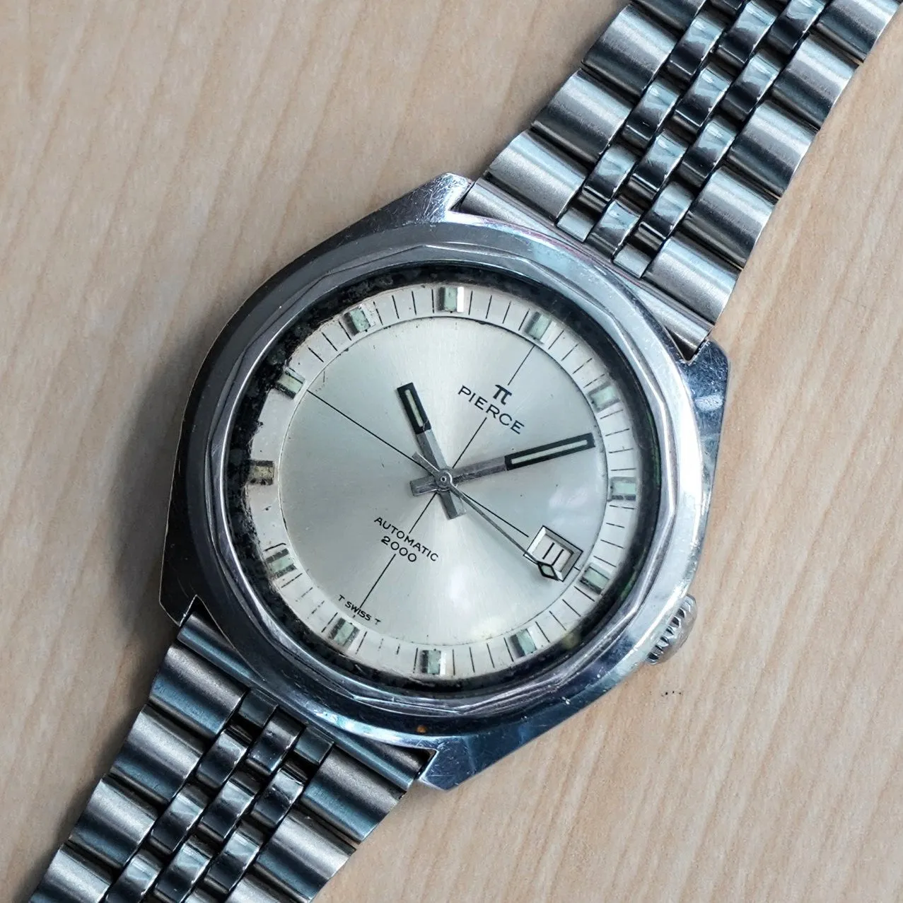Vintage PIERCE Diver Automatic Watch 2000 Intercosmos Date Indicator Swiss Made Wristwatch ALL S.S.