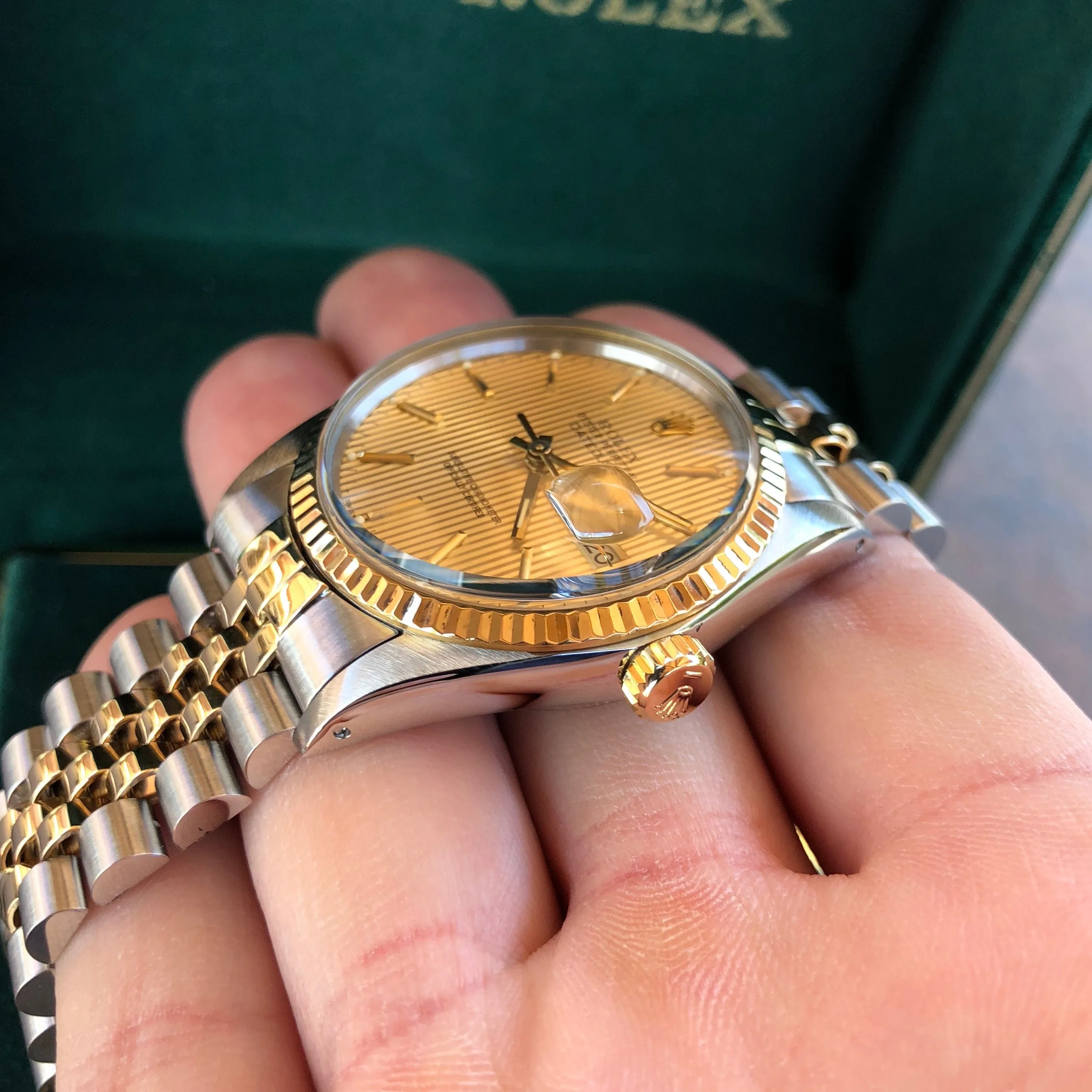 Vintage Rolex Datejust 16013 Champagne Tapestry Cal. 3035 Oyster Perpetual Two Tone Steel Gold Wristwatch Box & Papers Circa 1985