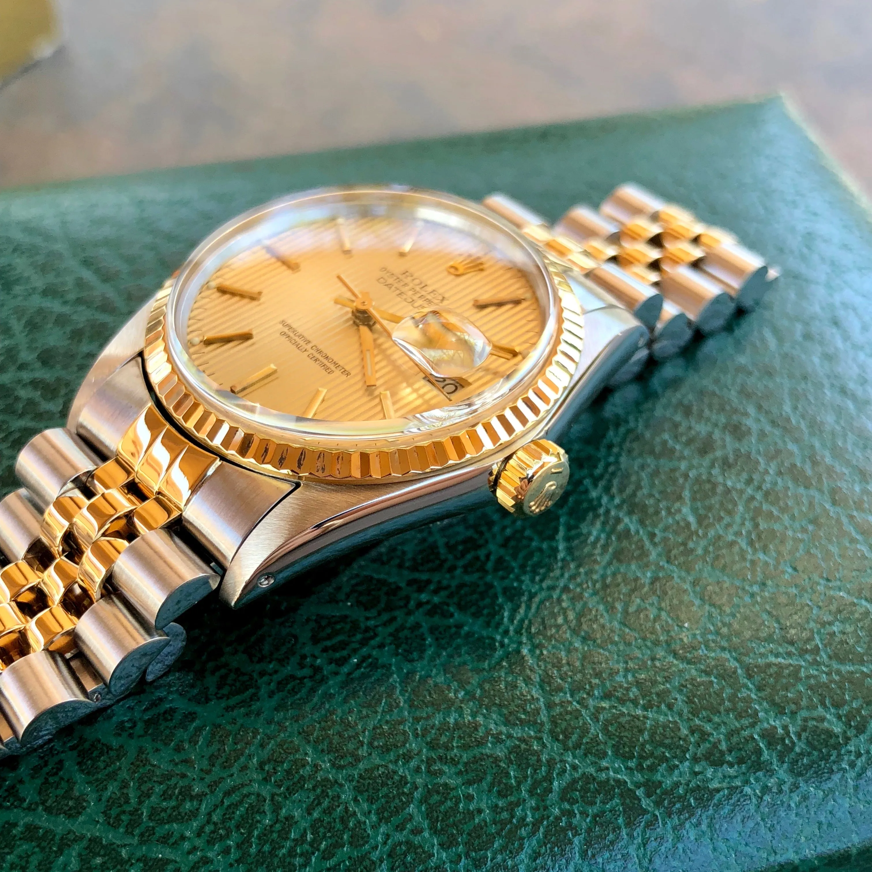 Vintage Rolex Datejust 16013 Champagne Tapestry Cal. 3035 Oyster Perpetual Two Tone Steel Gold Wristwatch Box & Papers Circa 1985