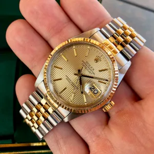Vintage Rolex Datejust 16013 Champagne Tapestry Cal. 3035 Oyster Perpetual Two Tone Steel Gold Wristwatch Box & Papers Circa 1985